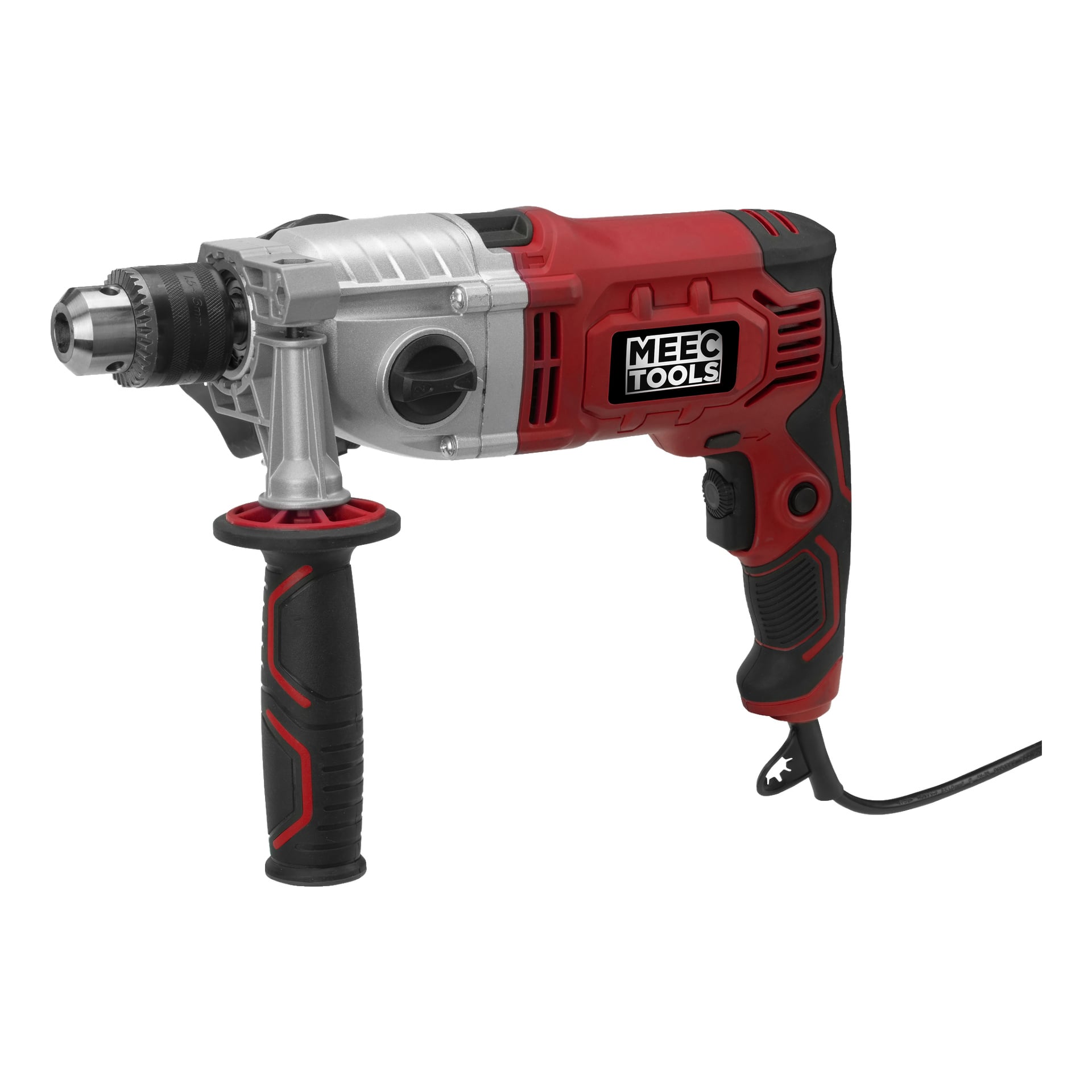 En röd och svart Meec Tools slagborr med sidohandtag, metallchuck, ventilationsspår och en sladdad design för tunga uppgifter.