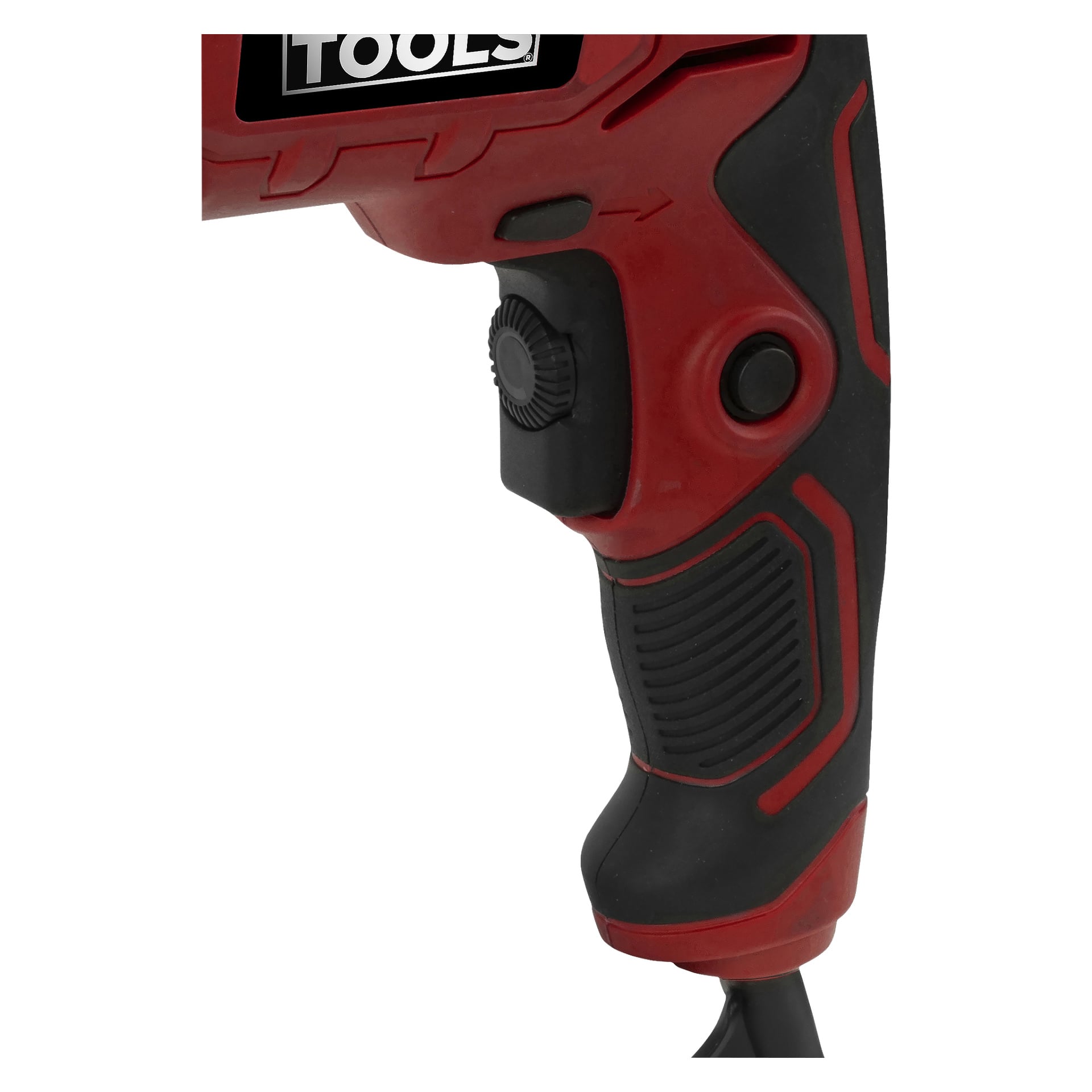Närbild på ett rött och svart Impact borrhandtag från Meec Tools, som visar det texturerade greppet, avtryckarknappen, hastighetsratten, sladden och en del av den övre logotypen med ordet TOOLS.
