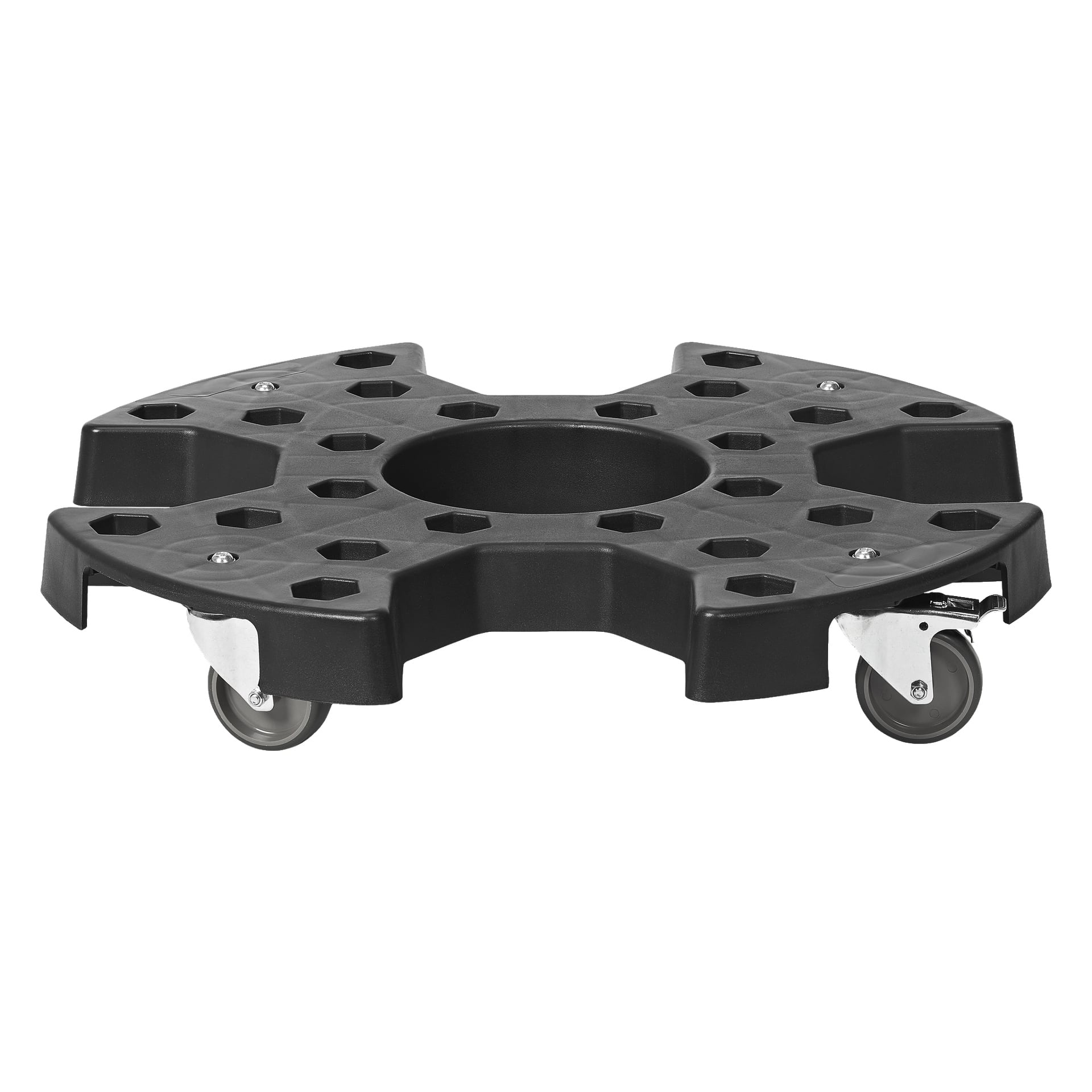 Hamron Wheel Storage er en svart plastvogn utstyrt med fire hjul og en sirkulær åpning i midten, egnet for å flytte store runde gjenstander som beholdere eller tønner. Overflaten har flere sekskantede utskjæringer for økt funksjonalitet.