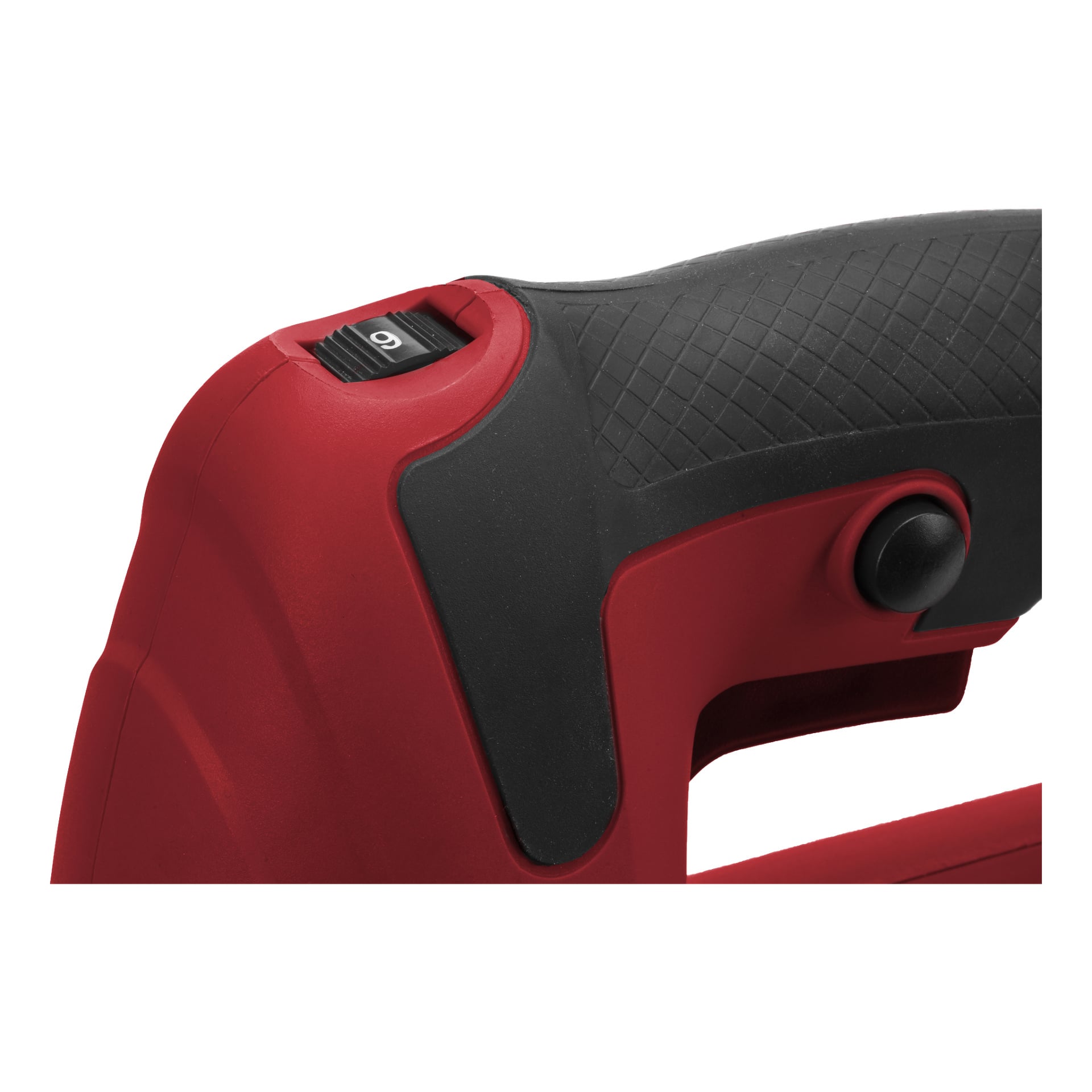 Uchwyt Meec Tools Jigsaw w zbliżeniu, charakteryzujący się ergonomicznym czerwono-czarnym wzorem, teksturowanym chwytem, przełącznikiem włącz/wyłącz oraz okrągłym przyciskiem z podkreślonymi detalami powierzchni.