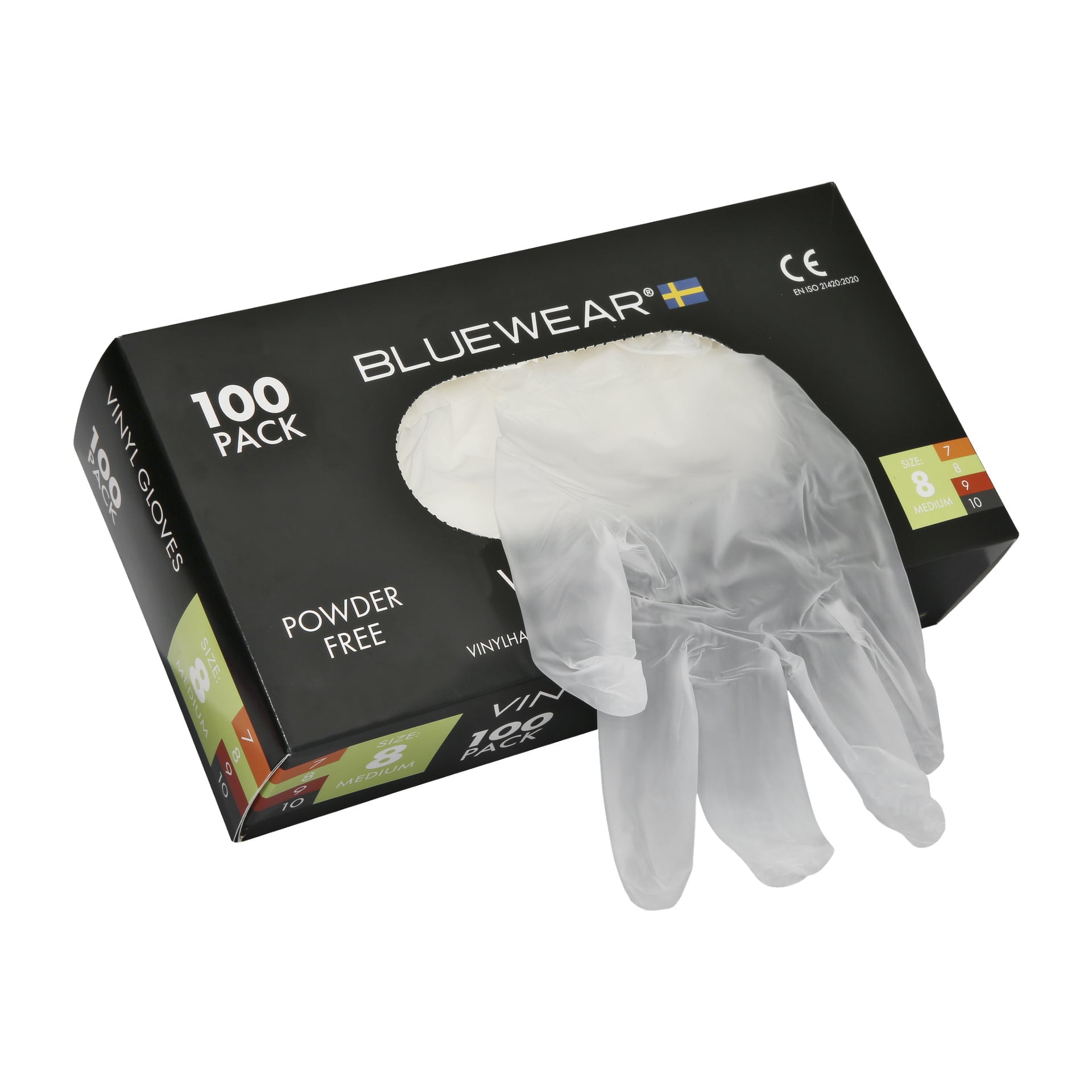 En 100-pakning med Bluewear Vinyl Gloves, med en gjennomsiktig hanske delvis trukket ut. Den svarte emballasjen fremhever fargede etiketter som viser middels størrelse og at hanskene er pulverfrie.