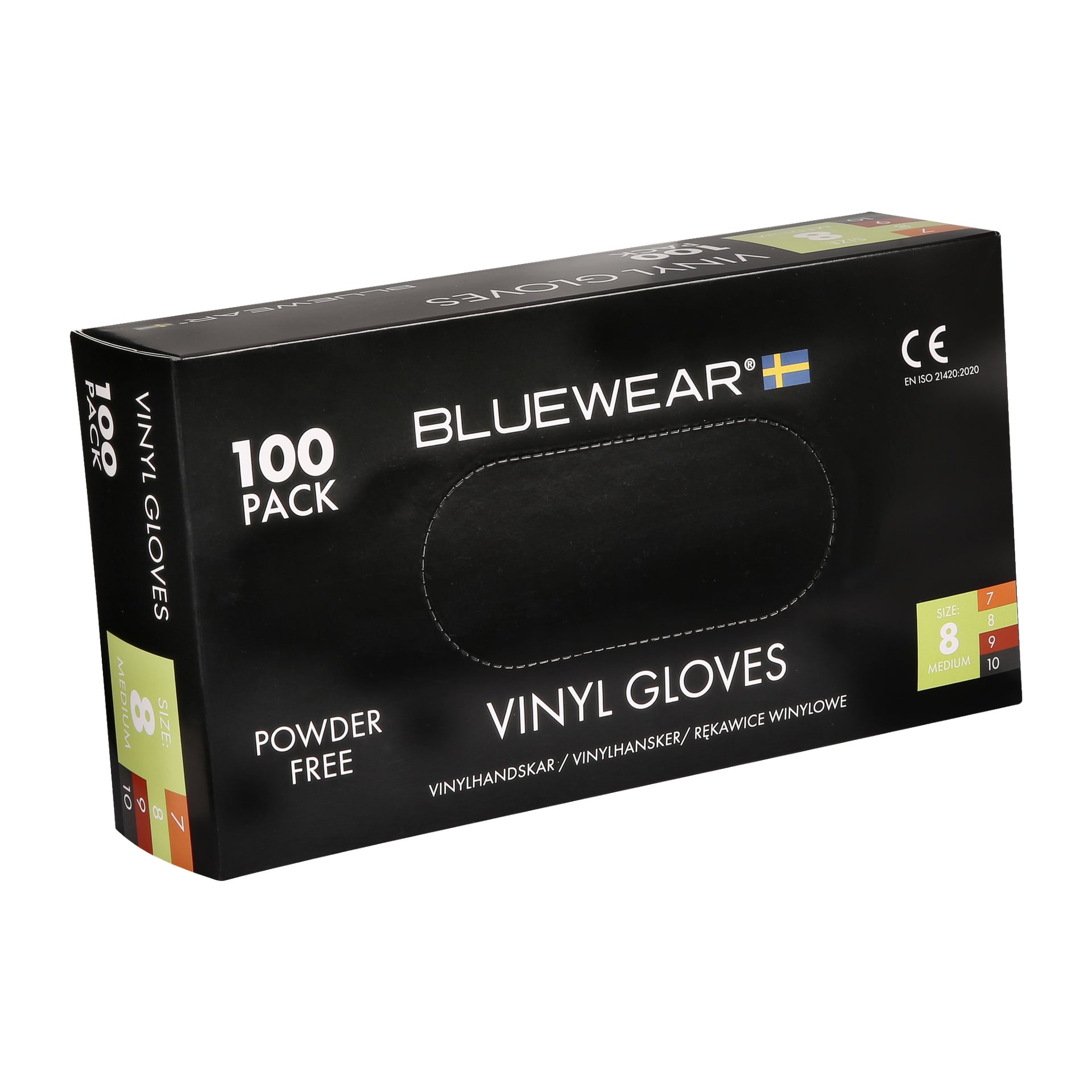 En eske med Bluewear Vinyl-hansker, 100-pakning, viser 100 puderfrie, mellomstore hansker. Den svarte pakken har hvit tekst og en oransje seksjon som fremhever den mellomstore størrelsen.