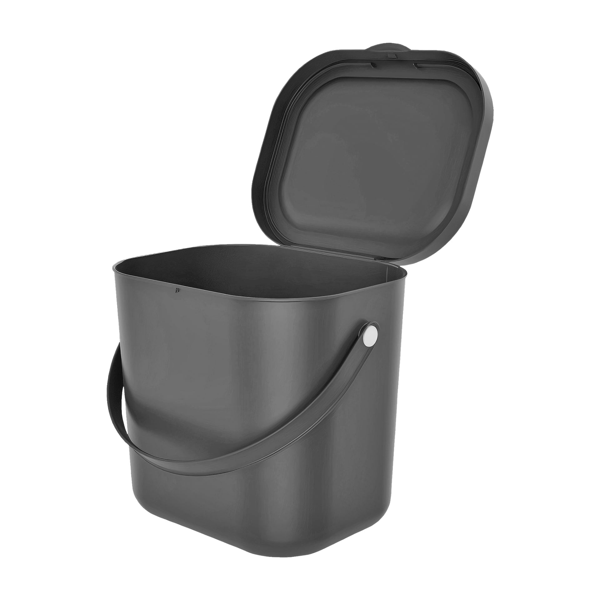En Hard Head svart plaståtervinningskärp med ett lock, som öppnar upp och böjda sidohandtag.