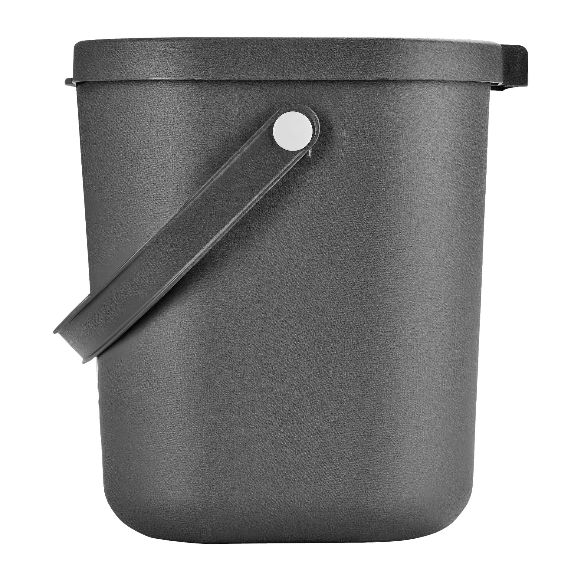 Hard Head Recycling-behållaren är en matt svart rektangulär plastbehållare med ett platt lock och handtag på varje sida som lutar uppåt, hållna på plats av runda vita fästen.