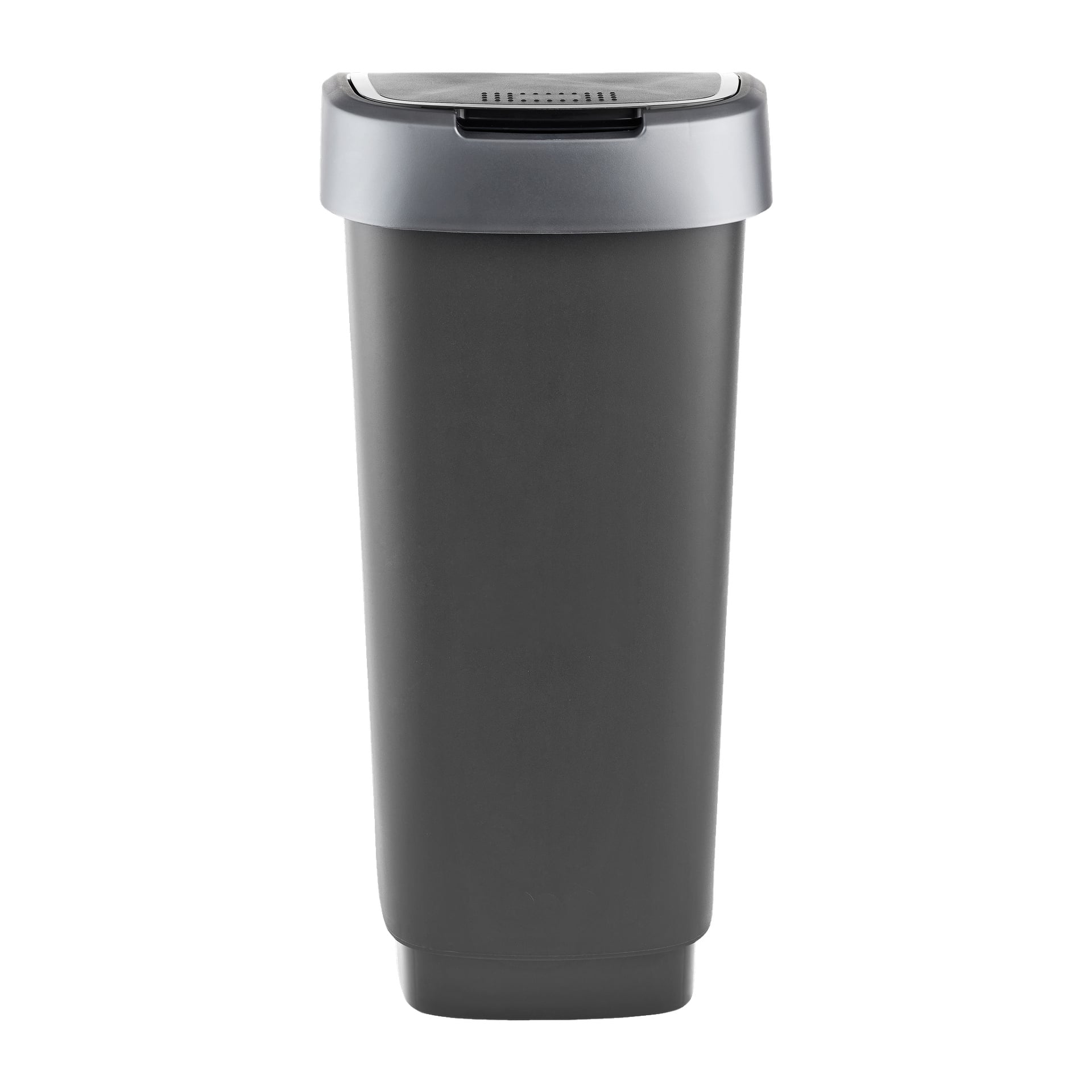 Hard Head Waste-behållaren är en hög, rektangulär svart plastpapperskorg med ett grått locklock med svänglock.