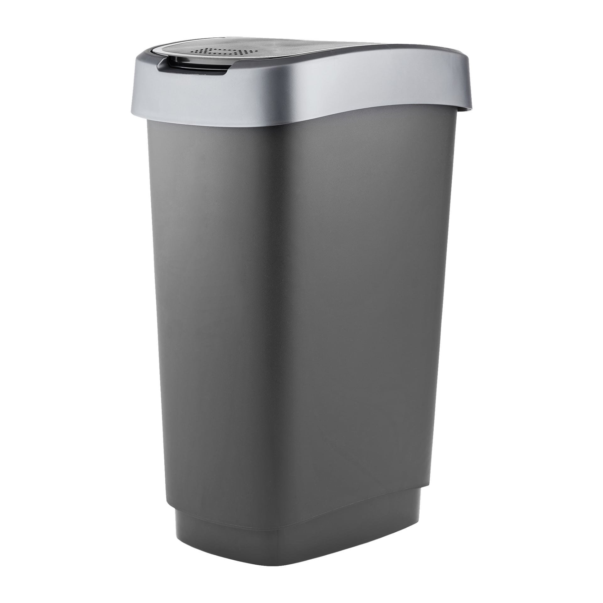 Hard Head Waste-behållaren är en hög, rektangulär soptunna gjord av grå plast, toppad med ett böjt silverlock som har en upphöjd sektion och en öppen springa.