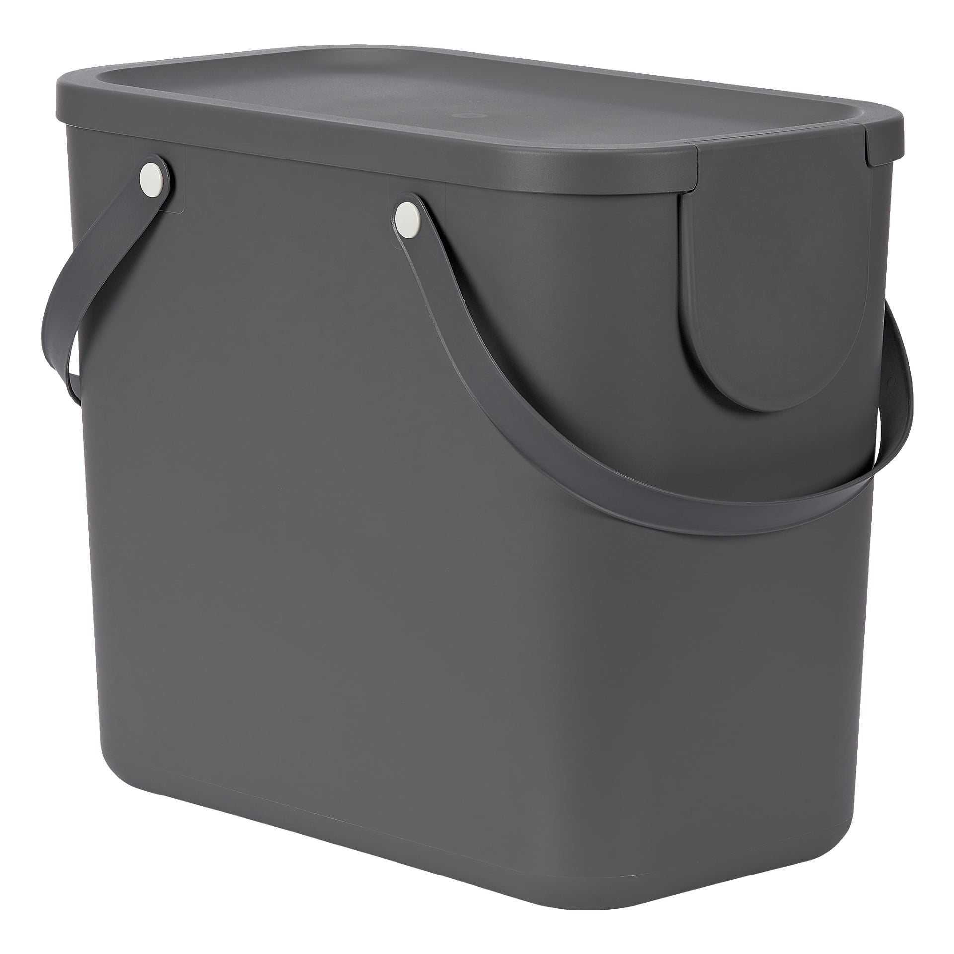 En mörkgrå Hard Head Recycling-behållare med rektangulär plastform, utrustad med två handtag på sidorna och ett matchande lock.