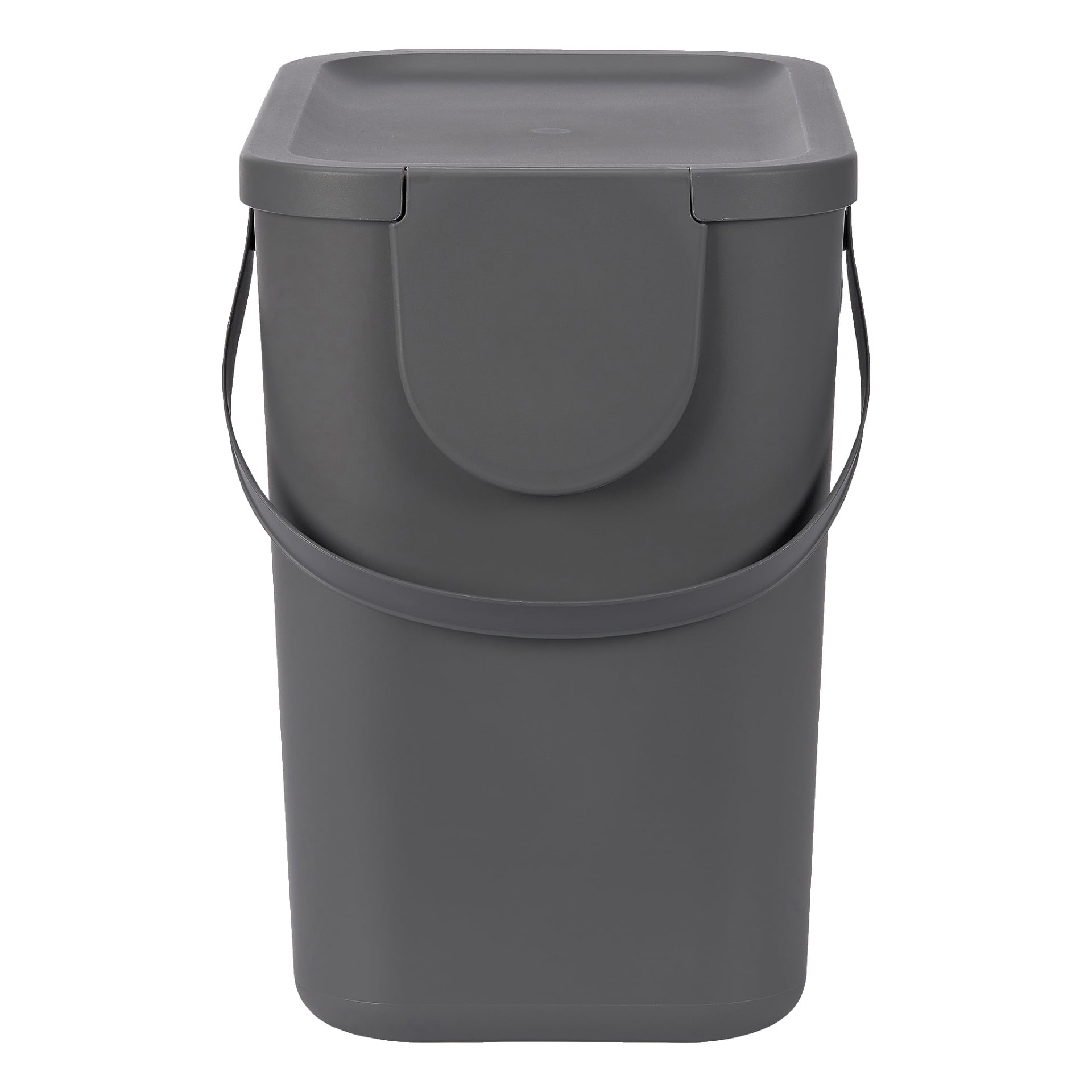 En grå plastbehållare för återvinning av hårda huvud med gångjärnsförsedd lock och handtag står upprätt.