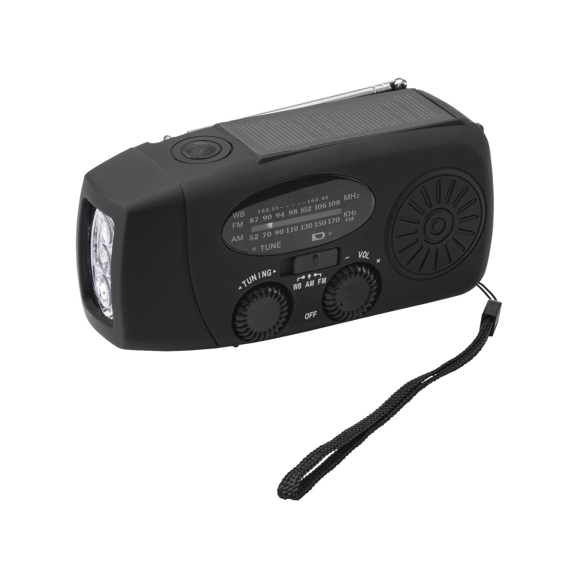Małe czarne radio Bright Wind-up FM z wbudowanym panelem słonecznym, latarką, pokrętłami strojenia i głośności, głośnikiem, czytelnymi oznaczeniami częstotliwości oraz przymocowanym paskiem na nadgarstek — idealne do podróży lub sytuacji awaryjnych.