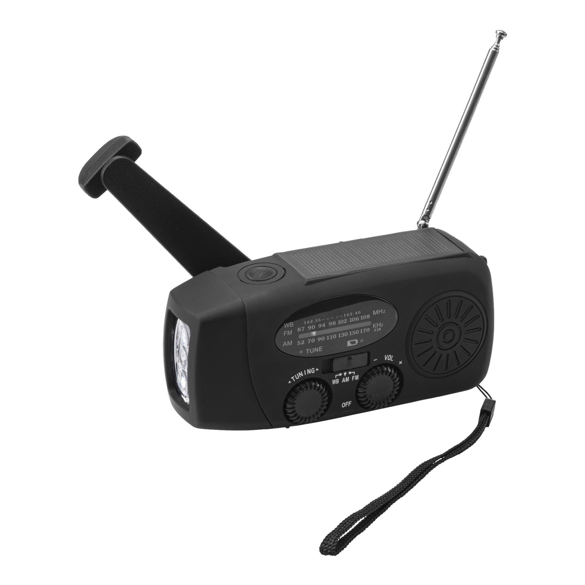 Czarne radio Bright na nakręcanie FM wyposażone w panel słoneczny, korbkę ręczną, wysuwaną antenę, pokrętła sterujące, latarkę na jednym końcu oraz pasek na nadgarstek przymocowany z boku.