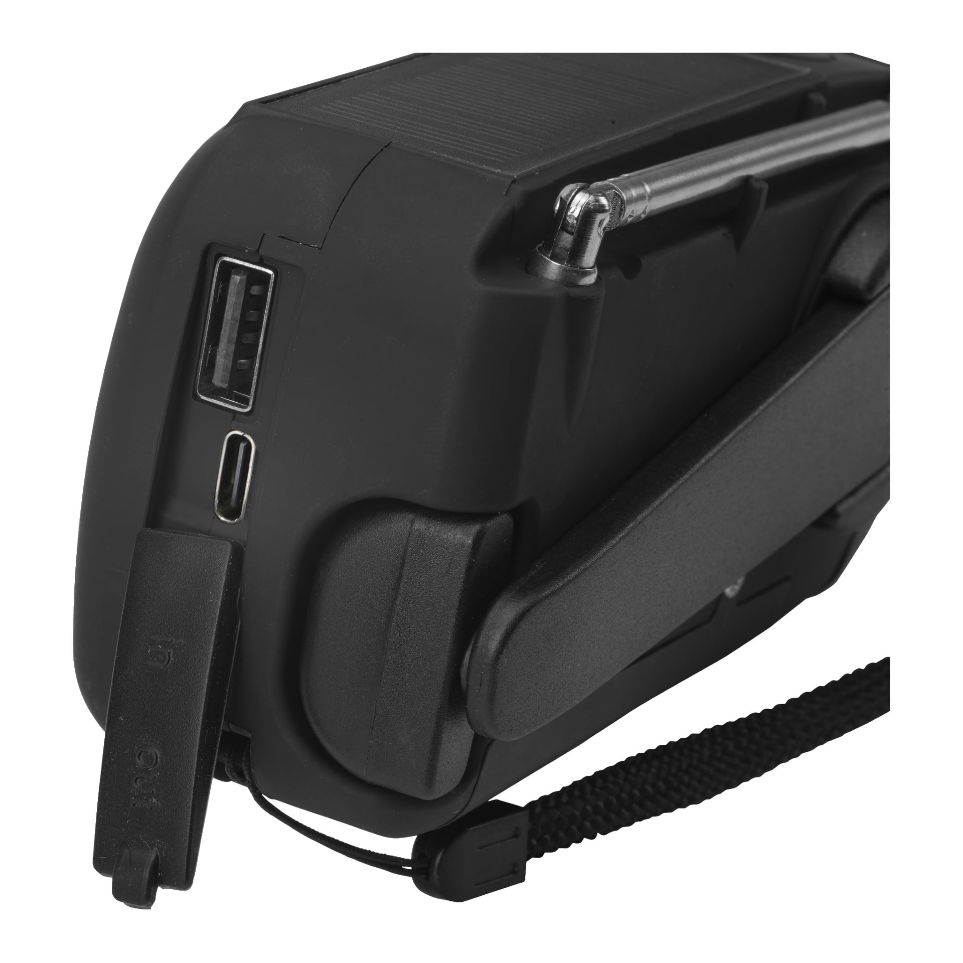 Szczegółowy widok czarnego radia Bright Wind-up FM z Solar Cell, podkreślający otwartą osłonę portu USB, widoczne porty USB i mniejsze ładowanie, wydłużoną korbę oraz przymocowany pasek na nadgarstek.