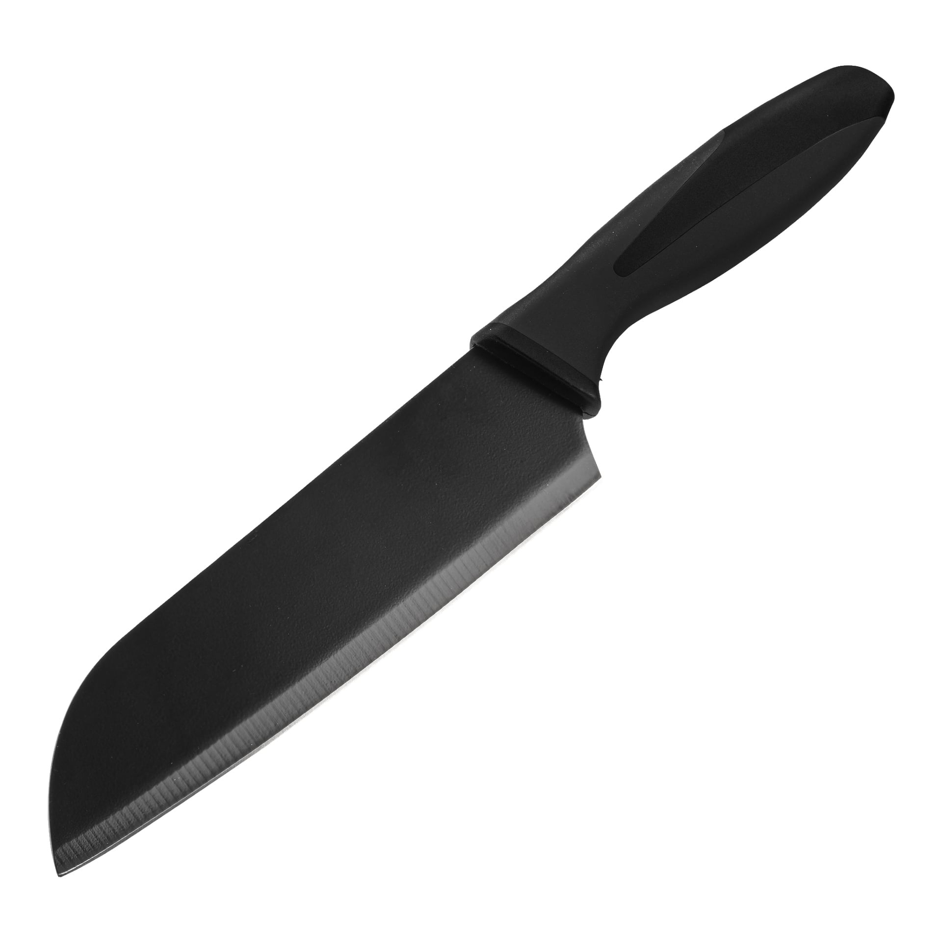 Ein schwarzes Messer mit gerader Schneide und schwarzem Griff aus dem Knife Set 5 Pieces von Menuett wird gezeigt.