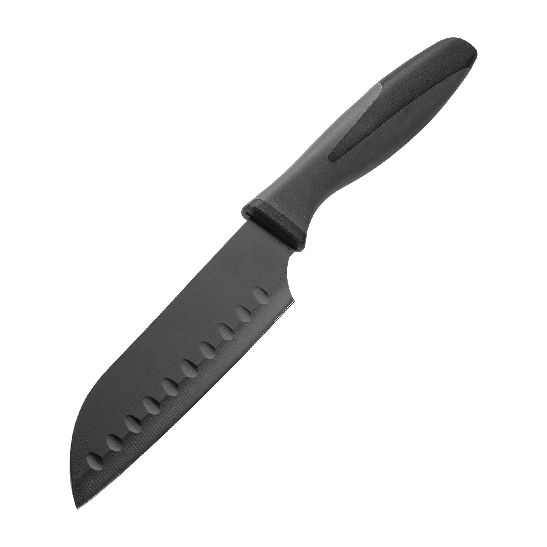 Das Messer-Set aus 5 Teilen von Menuett besteht aus einem schwarzen Küchenmesser mit einer breiten, matten Nichtmetallklinge, ovalen Einkerben entlang der Kante und einem ergonomischen schwarzen Griff.