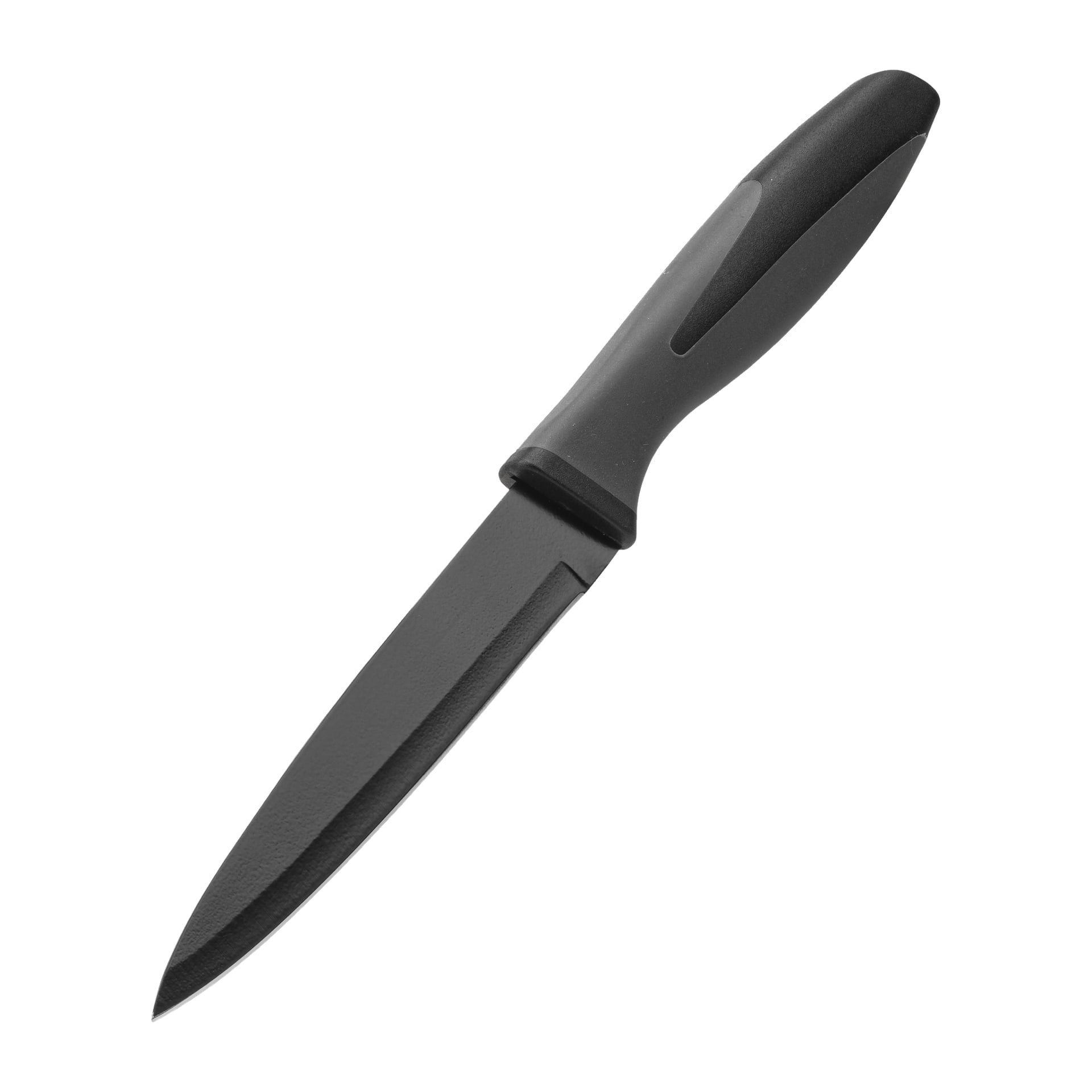 Das Menuett-Messer-Set aus 5 Teilen umfasst ein schwarzes Küchenmesser mit glatter Klinge und ergonomischem Griff, diagonal dargestellt.
