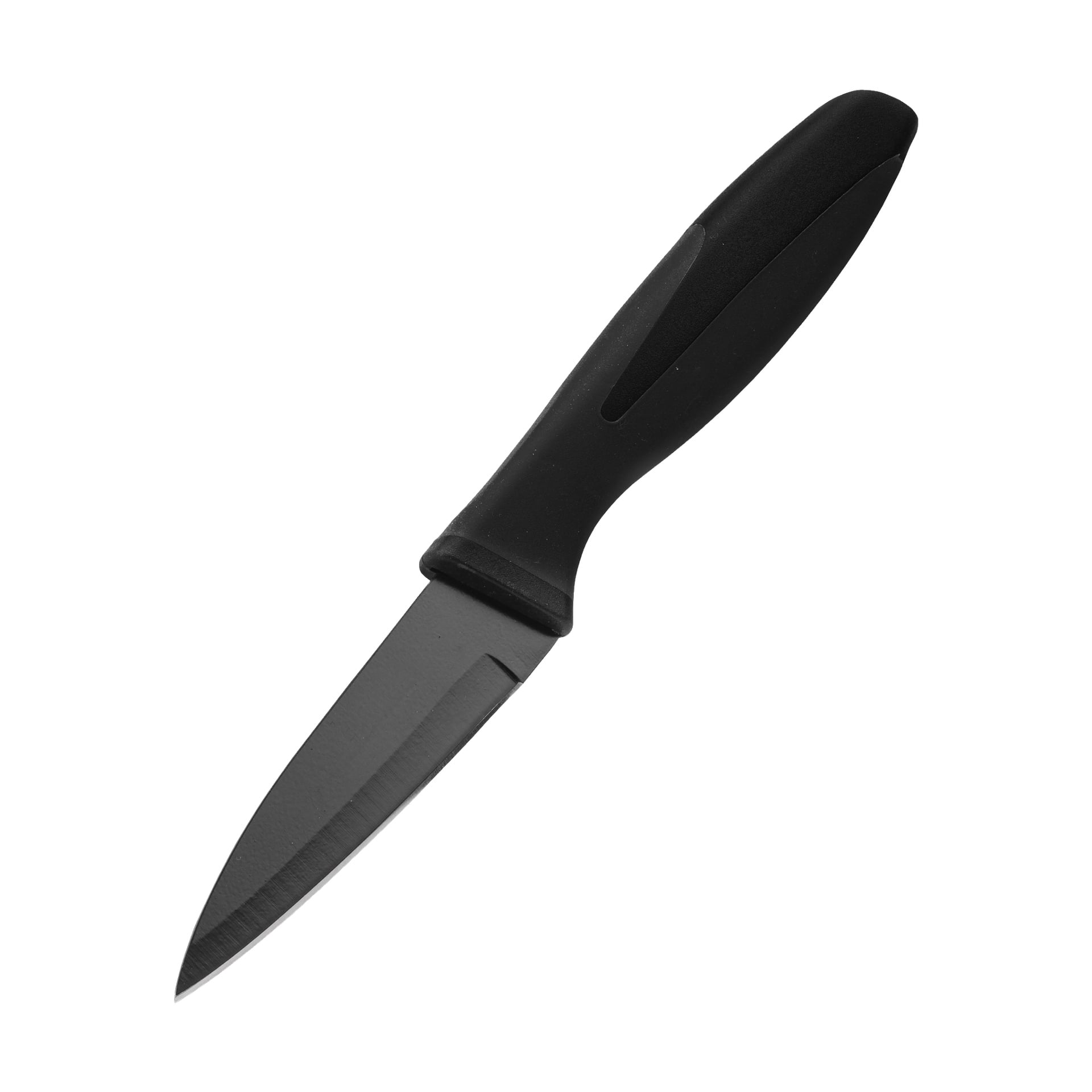 Ein Schälmesser aus dem Menuett-Messer bestand aus 5 Stücken mit einer kurzen, spitzen Klinge und einem glatten, schwarzen Kunststoffstiel.