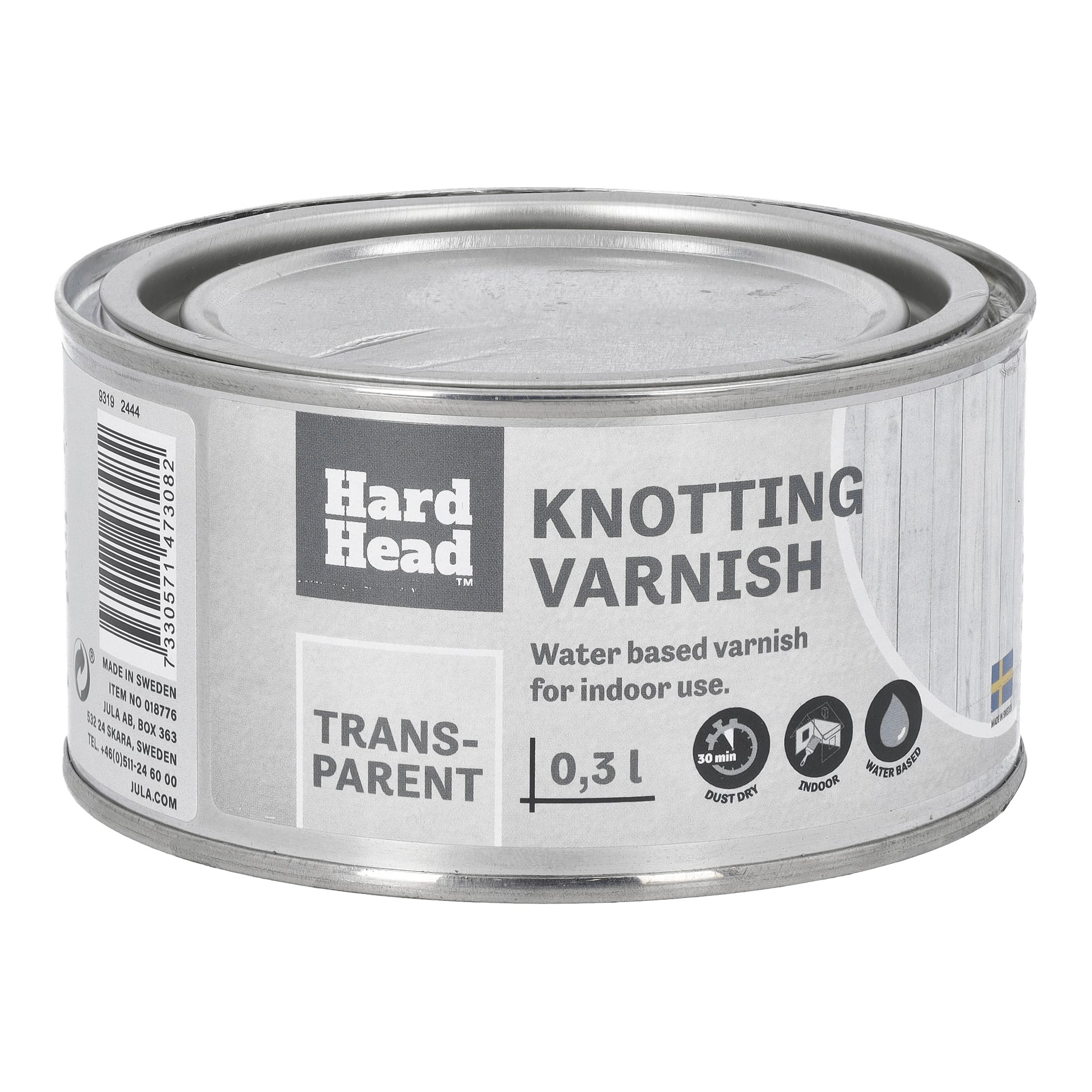 Metalowa puszka Hard Head Knotting Solution o pojemności 0,3 litra, przeznaczona do użytku wewnętrznego, opisana jako przezroczysta, na bazie wody, odporna na wodę i suszona dotykowo w 30 minut. Na etykiecie znajduje się kod kreskowy wraz z szczegółowymi szczegółami produktu.