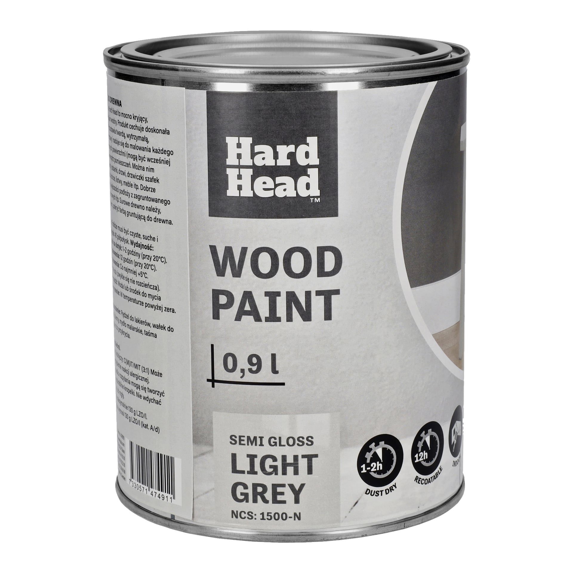En 0,9 liters boks med Hard Head Wood-maling, halvblank lys grå (NCS 1500-N), med teksten: Støvtørk i 1-2 timer, lag nytt etter 12 timer. Instruksjoner og tilleggsdetaljer er trykt på etiketten.