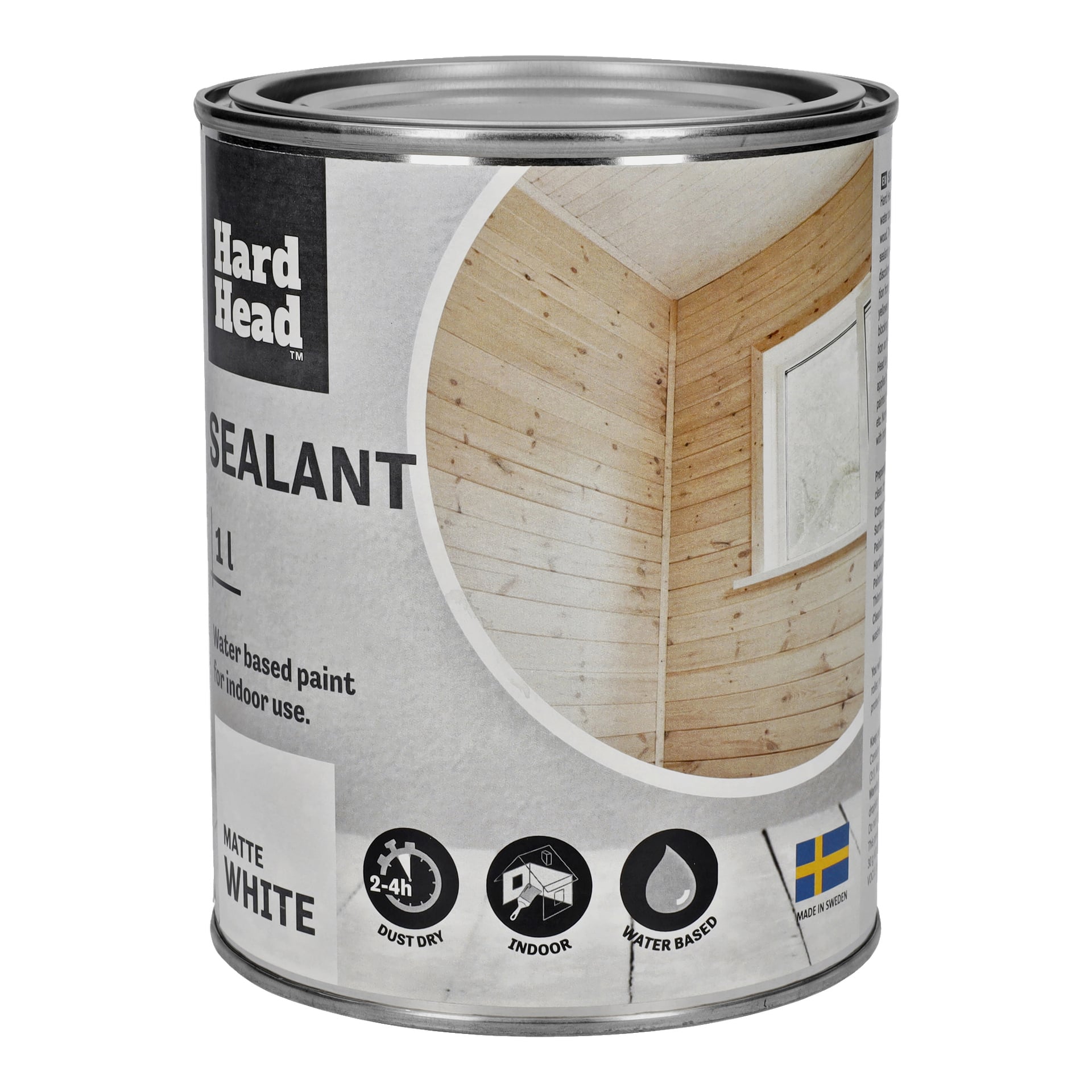 En 1-liters burk Hard Head Sealant i matt vitt avsedd för inomhusanvändning, med en bild av träväggar och ikoner som visar att den torkar vid beröring på 2–4 timmar, är avsedd för inomhusanvändning, har en vattenbaserad formel och inkluderar en svensk flagga.