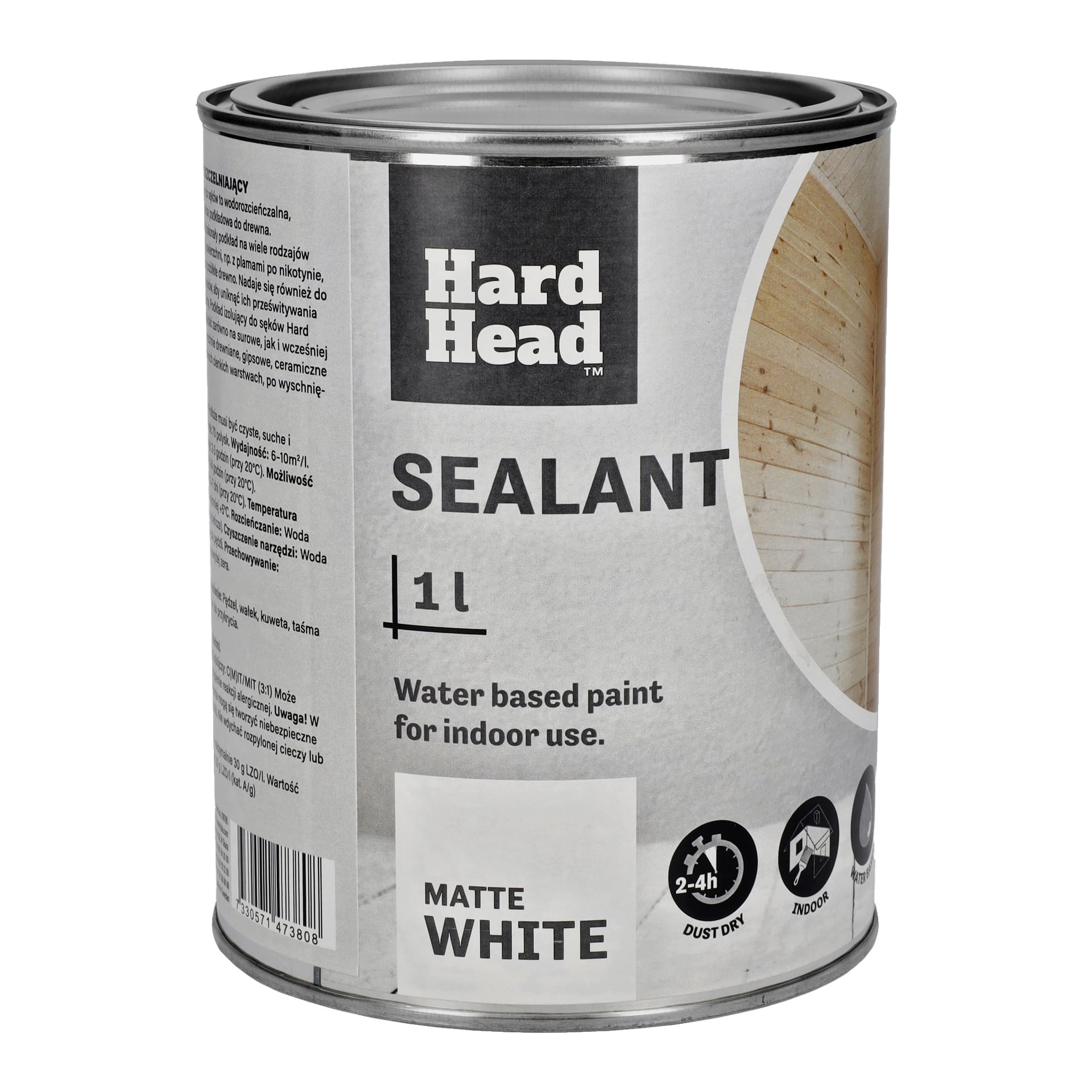 En 1-liters burk Hard Head Sealant, som är en matt vit vattenbaserad inomhusfärg. Etiketten visar produktinformation, användningsikoner och inkluderar en delvis bild av en träyta till höger.