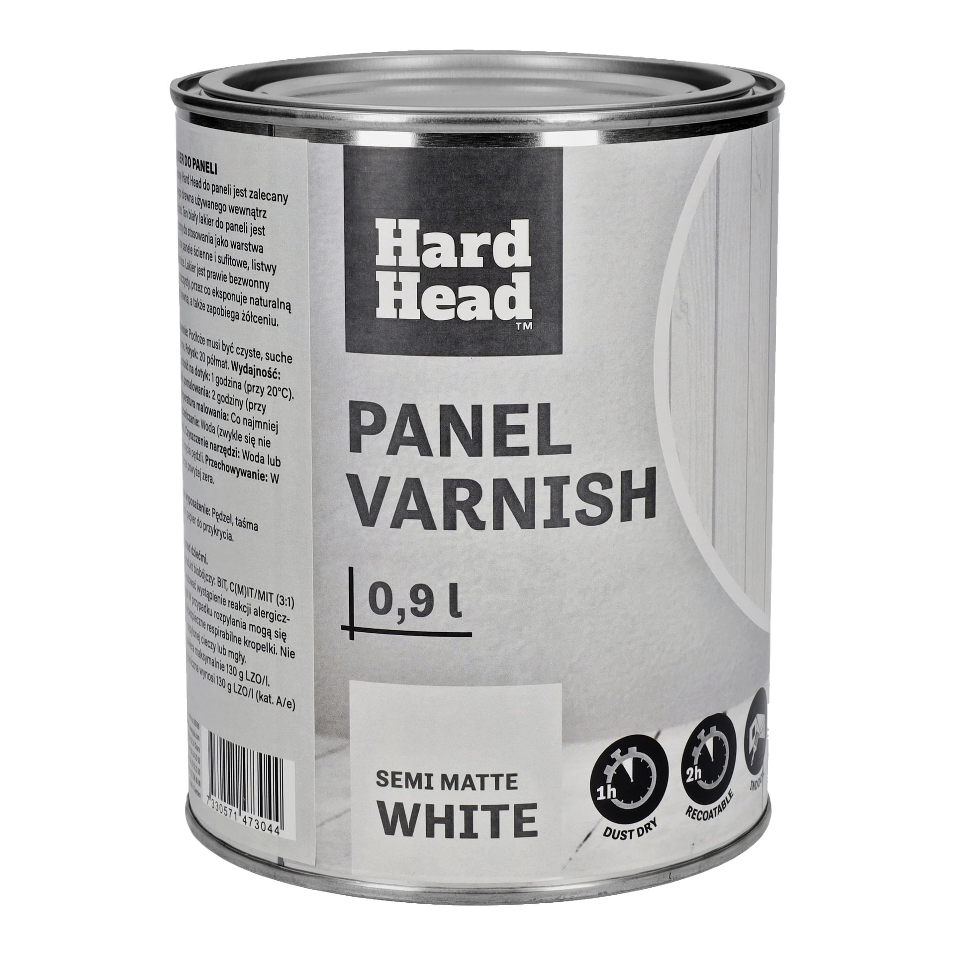 Puszka 0,9-litrowego lakieru Hard Head Panel Varnish o półmatowej bieli, z etykietą zawierającą informacje o produkcie oraz symbole wskazujące czas schnięcia i ponownego pokrycia.