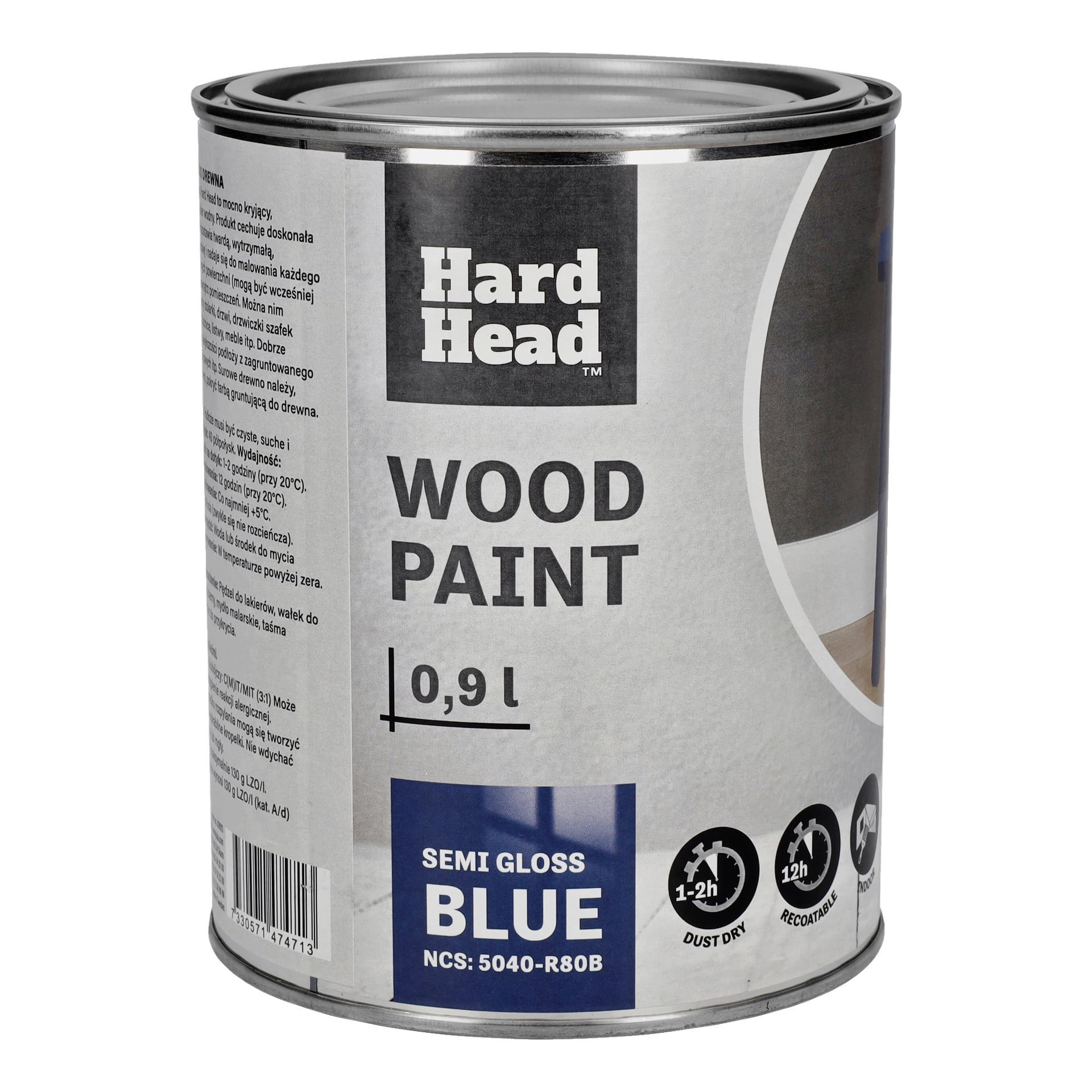 En 0,9 liters burk Hard Head Wood-färg, halvblank, blå, NCS 5040-R80B, dammtorkar på 1–2 timmar, kan lackeras om efter 12 timmar.