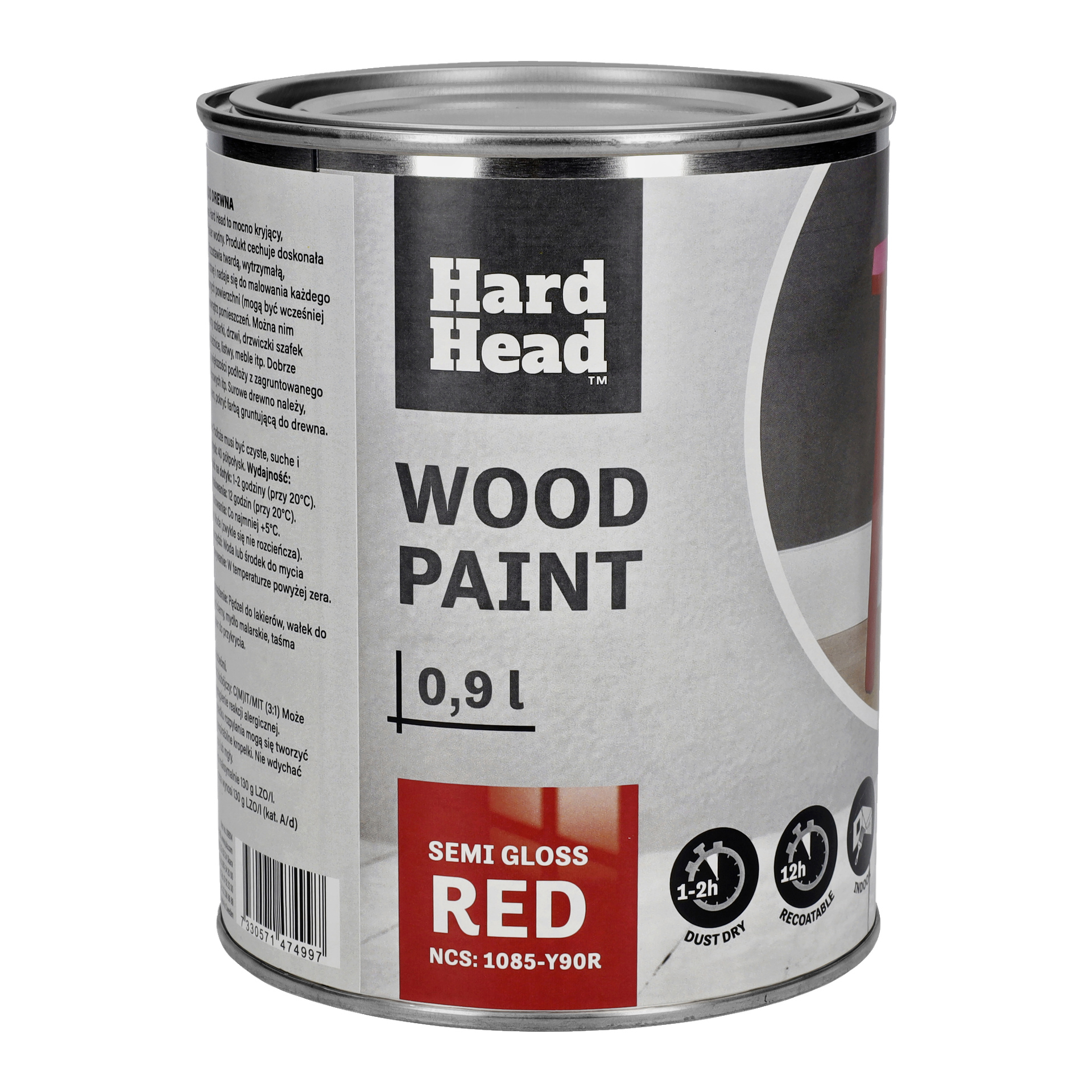 En 0,9L boks med Hard Head Wood-maling, halvblank rød (NCS 1085-Y90R), tørker å ta på på 1–2 timer og kan påføres på nytt etter 12 timer.