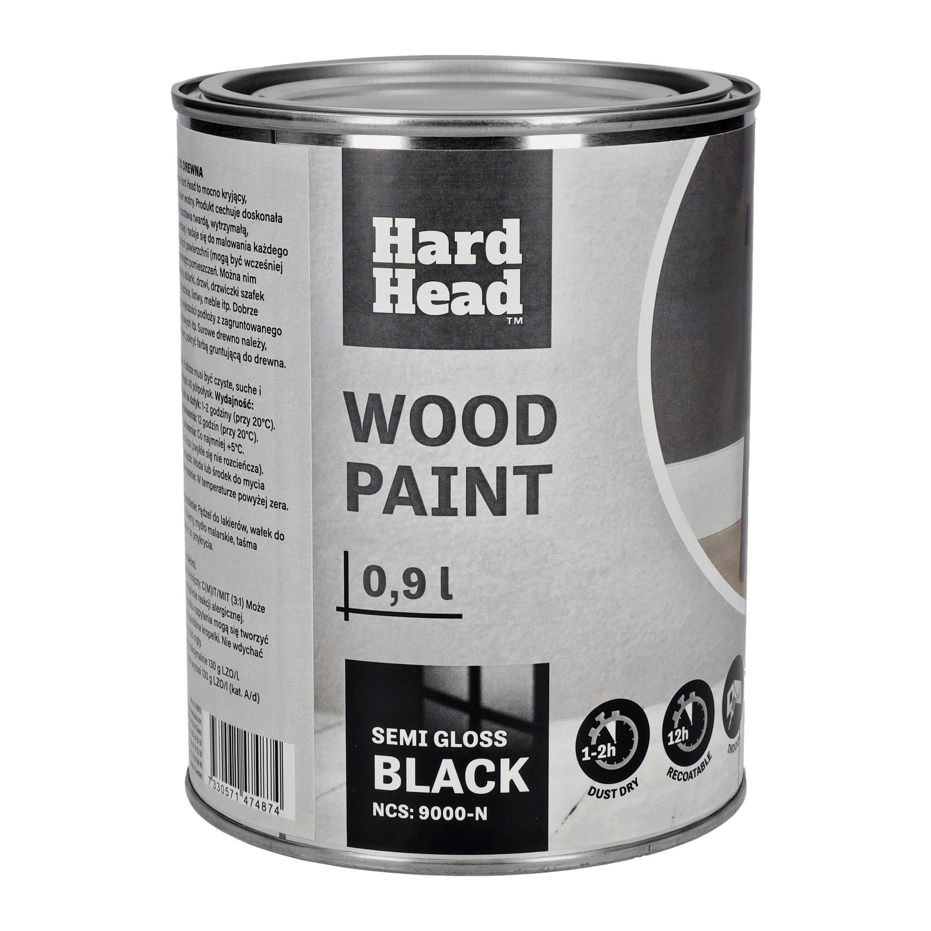 0,9 litran purkki Hard Head Wood -maalia puolikiiltävänä mustana (NCS: 9000-N). Etiketissä on levitysohjeet, nopea kuivaustiedot ja osittainen kuva maalatusta pinnasta. Etiketin tekstissä on lainausmerkit kuten Quick drying ja For wood surfaces.