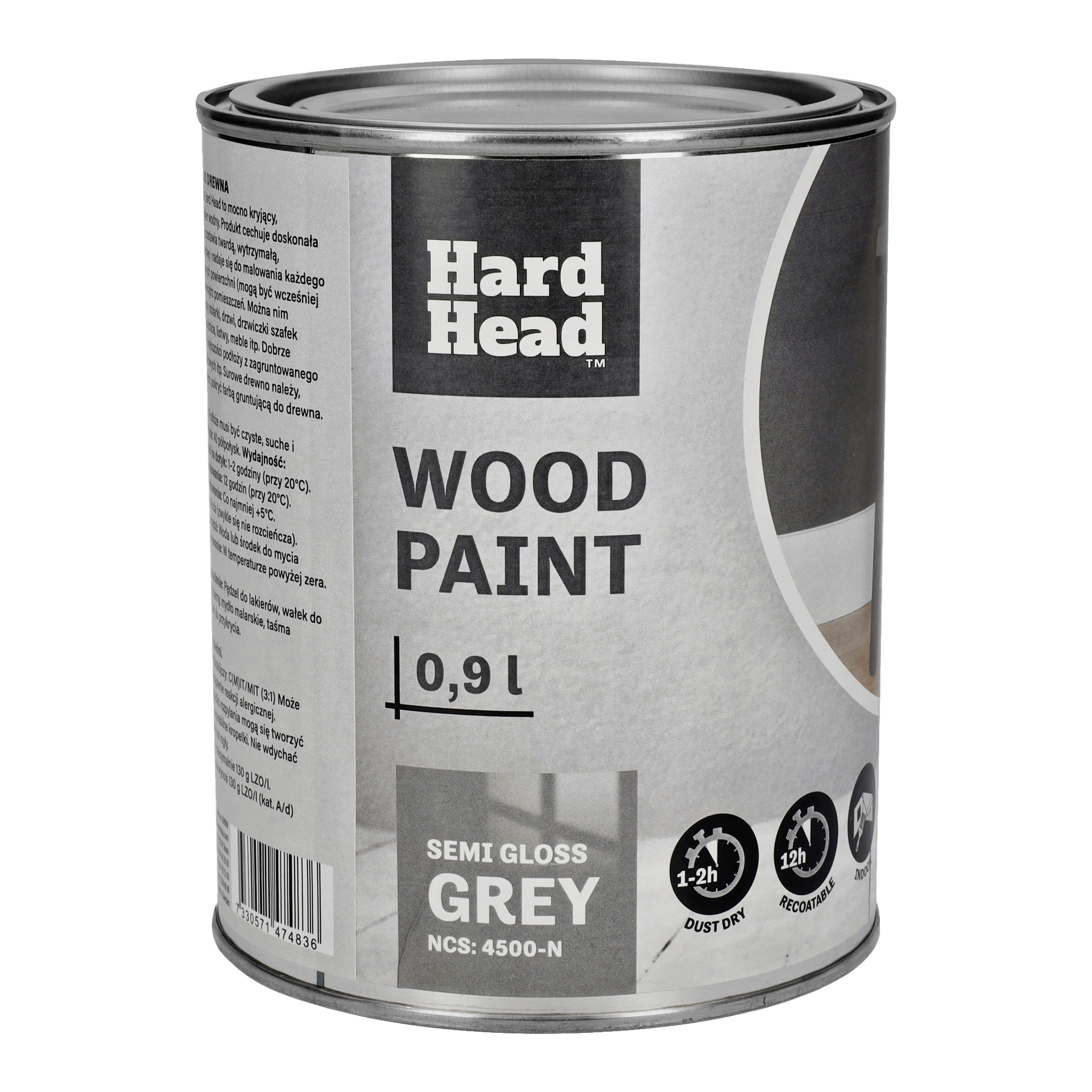 En 0,9L burk Hard Head Wood-färg, halvblank grå (NCS: 4500-N). Etiketten anger torknings- och omlackningstider med fraser som torkningstid: 2 timmar och omlackeringstid: 6 timmar. Locket är stängt.