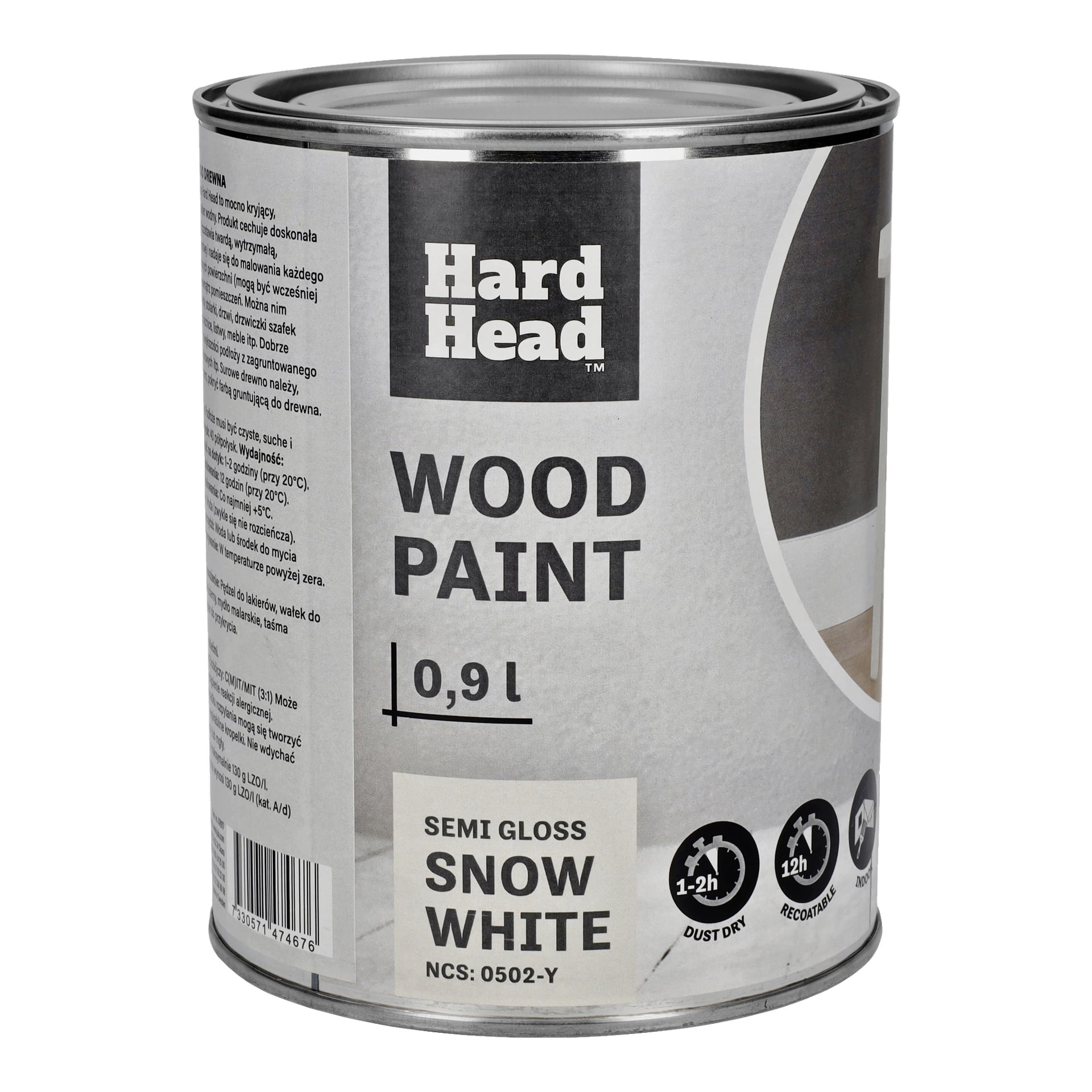 En 0,9 liters boks med Hard Head Wood-maling, halvblank i Snøhvit (NCS 0502-Y), med tørketider og informasjon på etiketten inkludert Czas schnięcia. Har et sølvlokk.