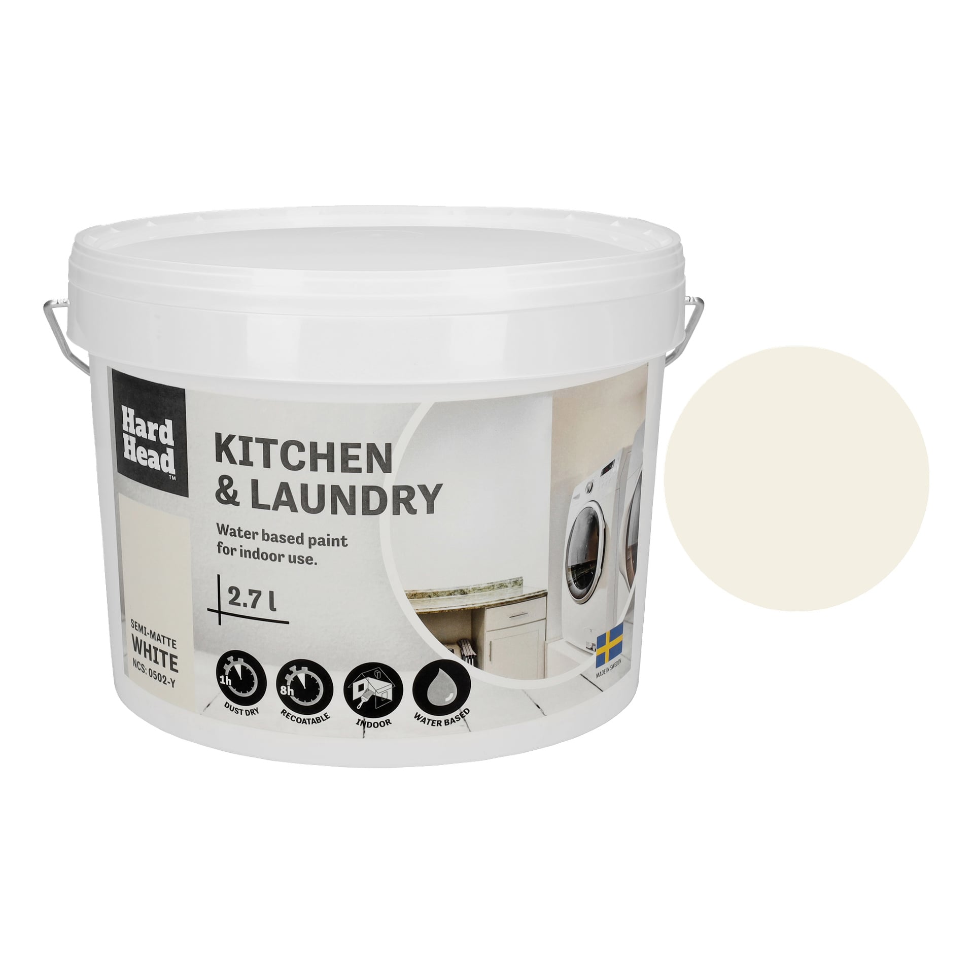 2,7-litrowe białe plastikowe wiadro farby Hard Head Kitchen, z ikonami pralki, kuchni i użytku wewnętrznego, obok próbki koloru białego. Na etykiecie widnieje napis Hard Head Kitchen.