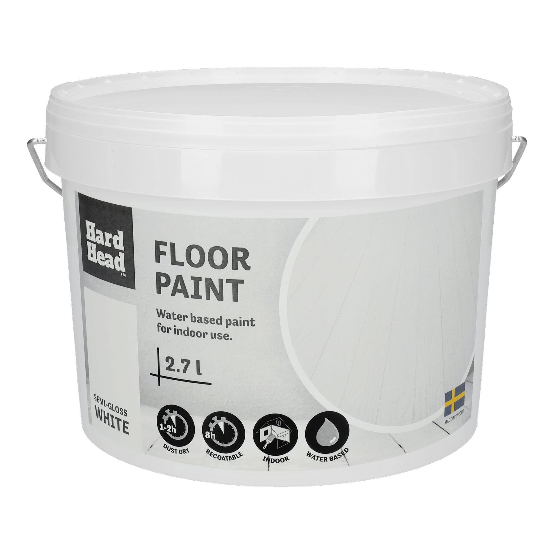 En 2,7L vit plasthink med Hard Head Floor-färg, halvblank vit för inomhusbruk. Etiketten lyder snabbtorkande, omlackerbar, inomhusanvändning och vattenbaserad med matchande ikoner.