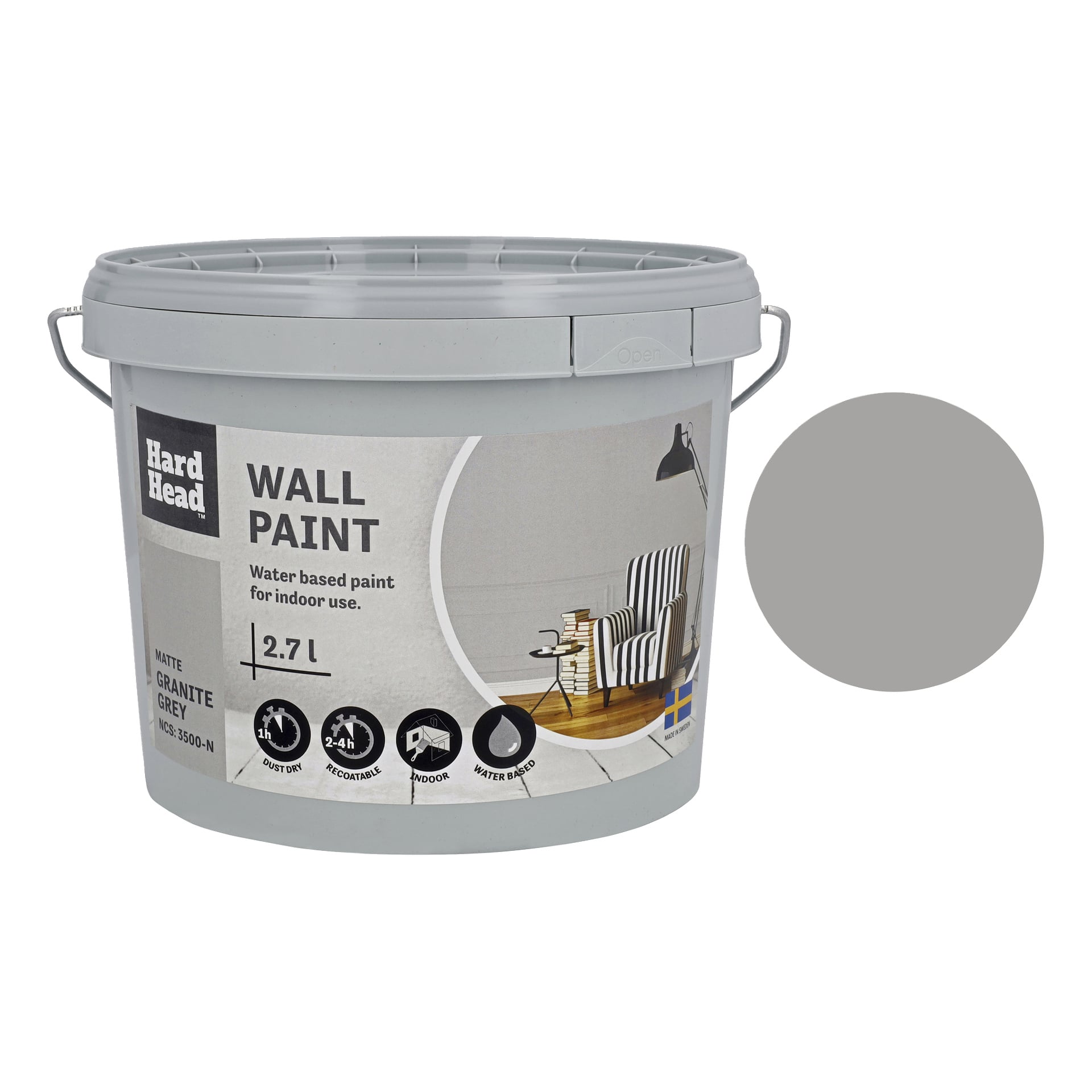 Pojemnik na farbę Hard Head Wall o pojemności 2,7L w odcieniu granitowej szarości, przeznaczony do użytku wewnątrz domu. Etykieta zawiera próbkę kolorów oraz ikony pokazujące szybkie schnięcie, zmywalne i na bazie wody.