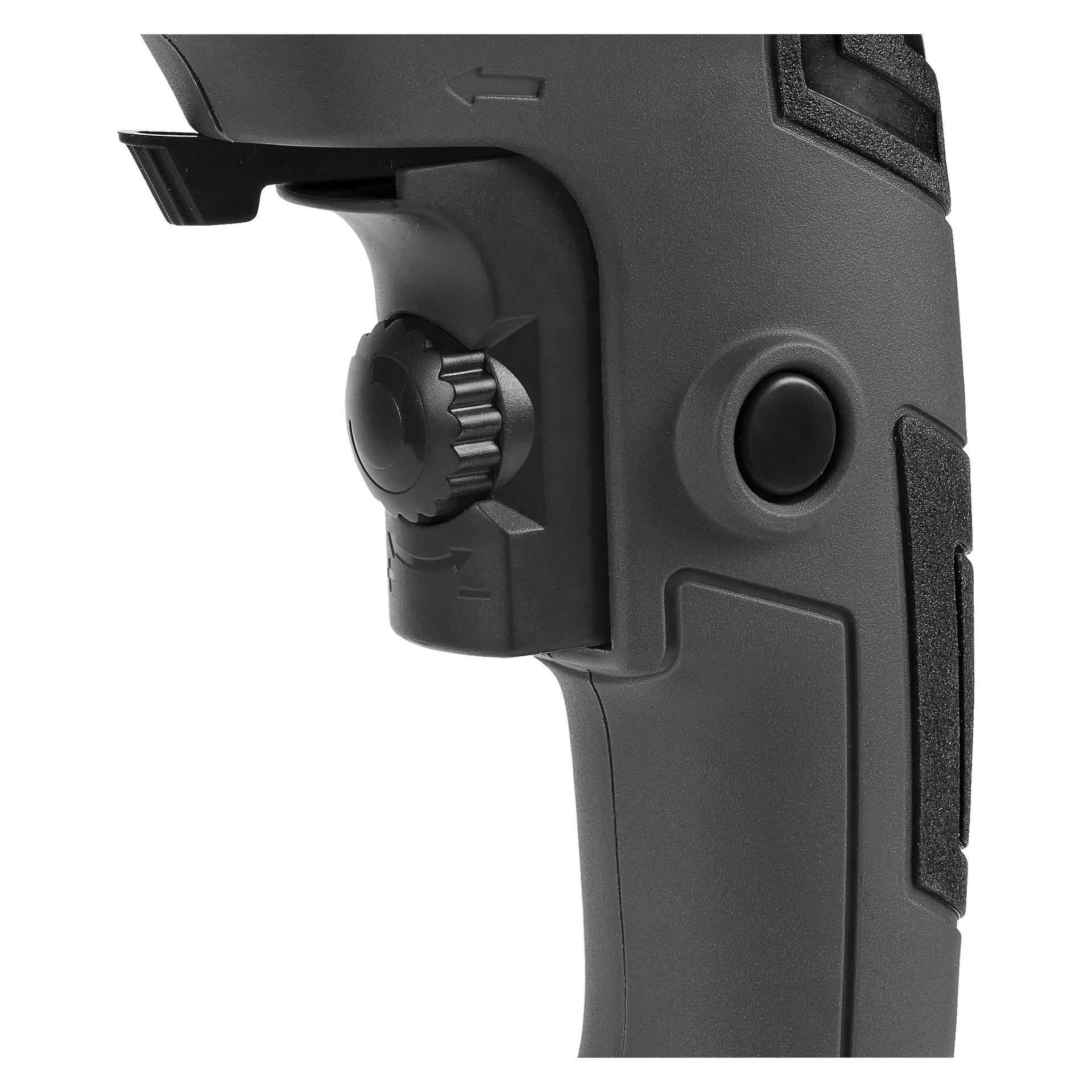 Nærbilde av en Meec Tools Impact drill med svart håndtak, avtrekker, rund teksturert skive og svart knapp. Det støpte grepet har piler med justeringsretninger merket opp og ned.