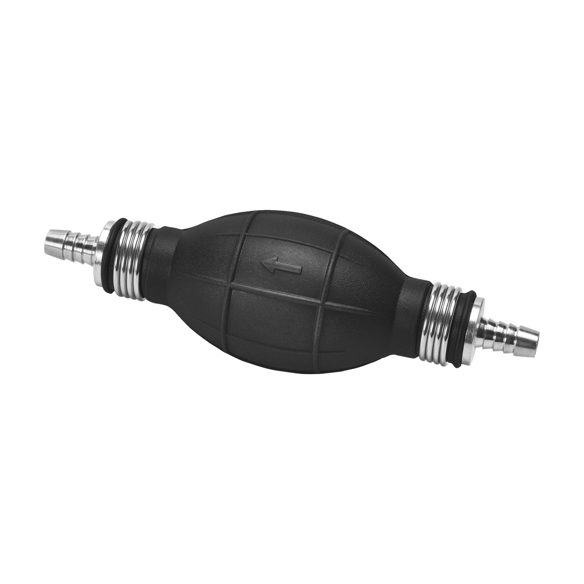 En Kayoba Marine bränsleslangsprimerpump med en strukturerad svart gummibulb för grepp, metallkontakter i båda ändar och en pil som visar bränsleflödets riktning.