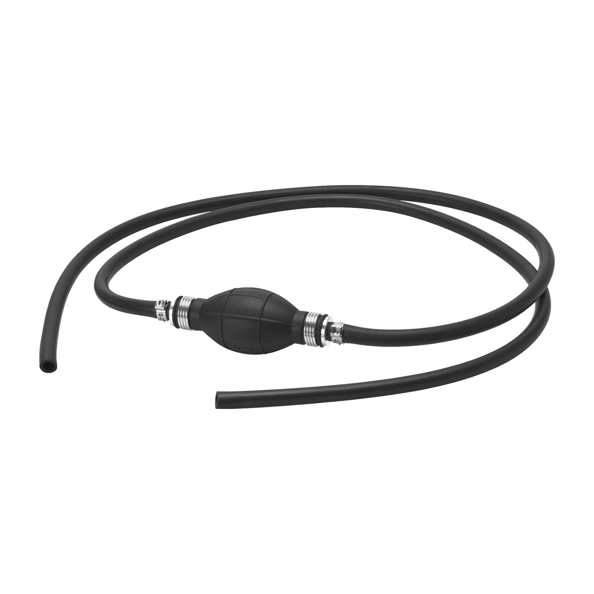 Kayoba Fuel-slangen med tändhattpump är löst lindad, gjord av svart gummi, och inkluderar en handpumpsbulb med metallklämmor i varje ände.