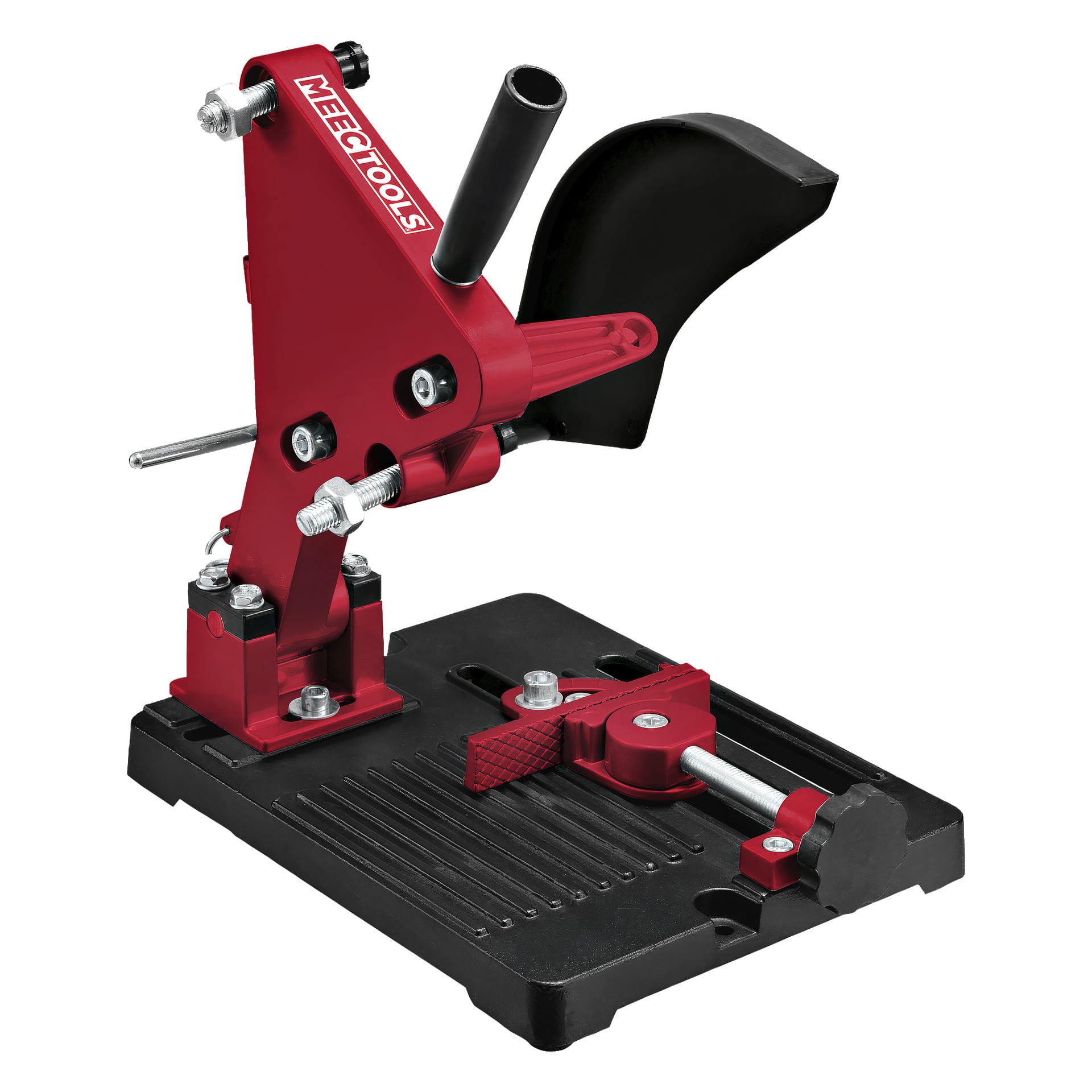 Czerwono-metalowy stojak Meec Tools Cutting Stand do szlifierek kątowych, wyposażony w regulowane zaciski i uchwyt do bezpiecznego trzymania i prowadzenia szlifierki kątowej na płaskiej, rowkowanej podstawie zapewniającej precyzyjne cięcie.