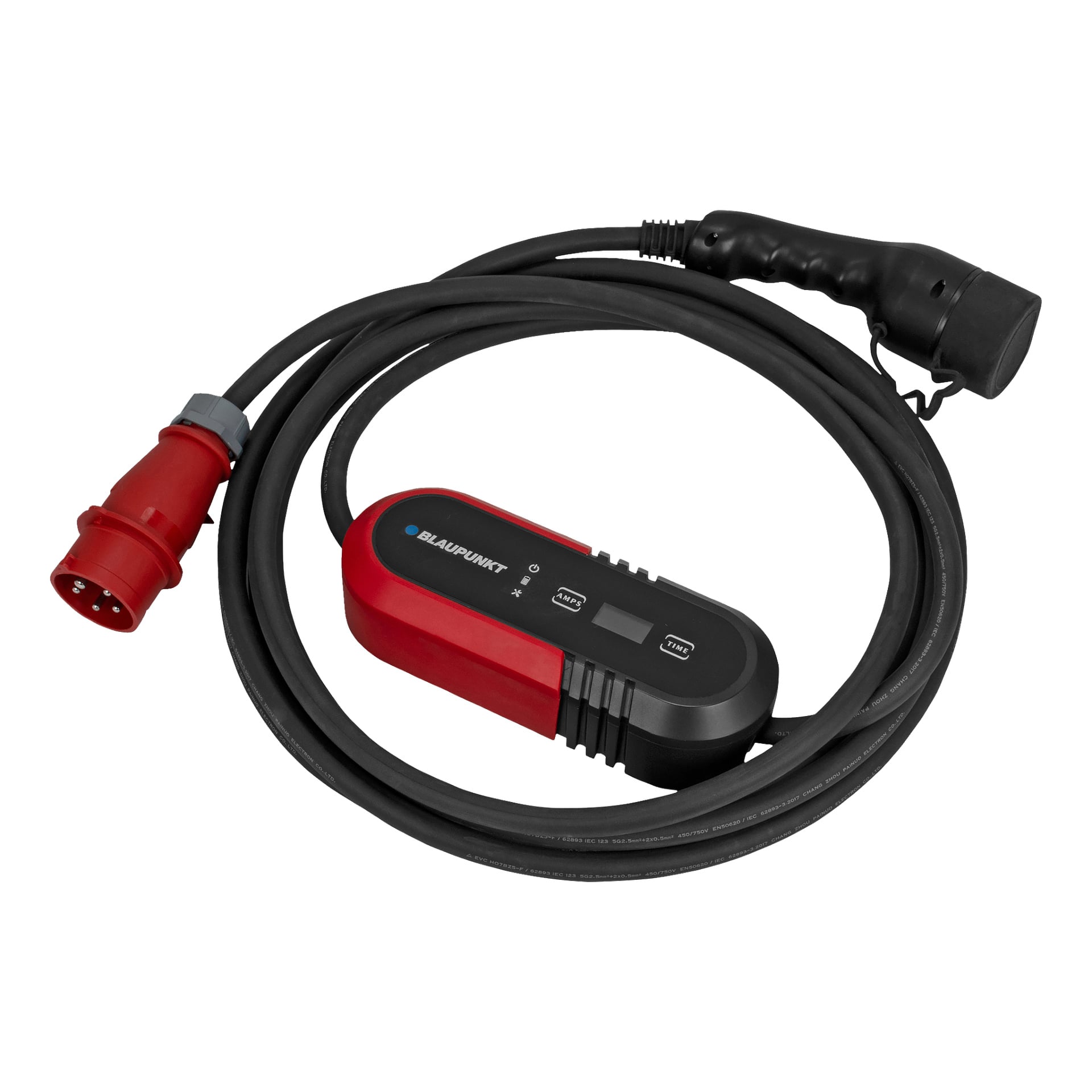 Blaupunkt portabla laddningsbox 3-fas P3PM2T2 visas med en svart och röd laddkabel för elbilen. Kabelns centrala styrenhet visar Blaupunkt-logotypen, flera knappar och en LED-skärm. I ena änden av kabeln finns en trefas europeisk kontakt.