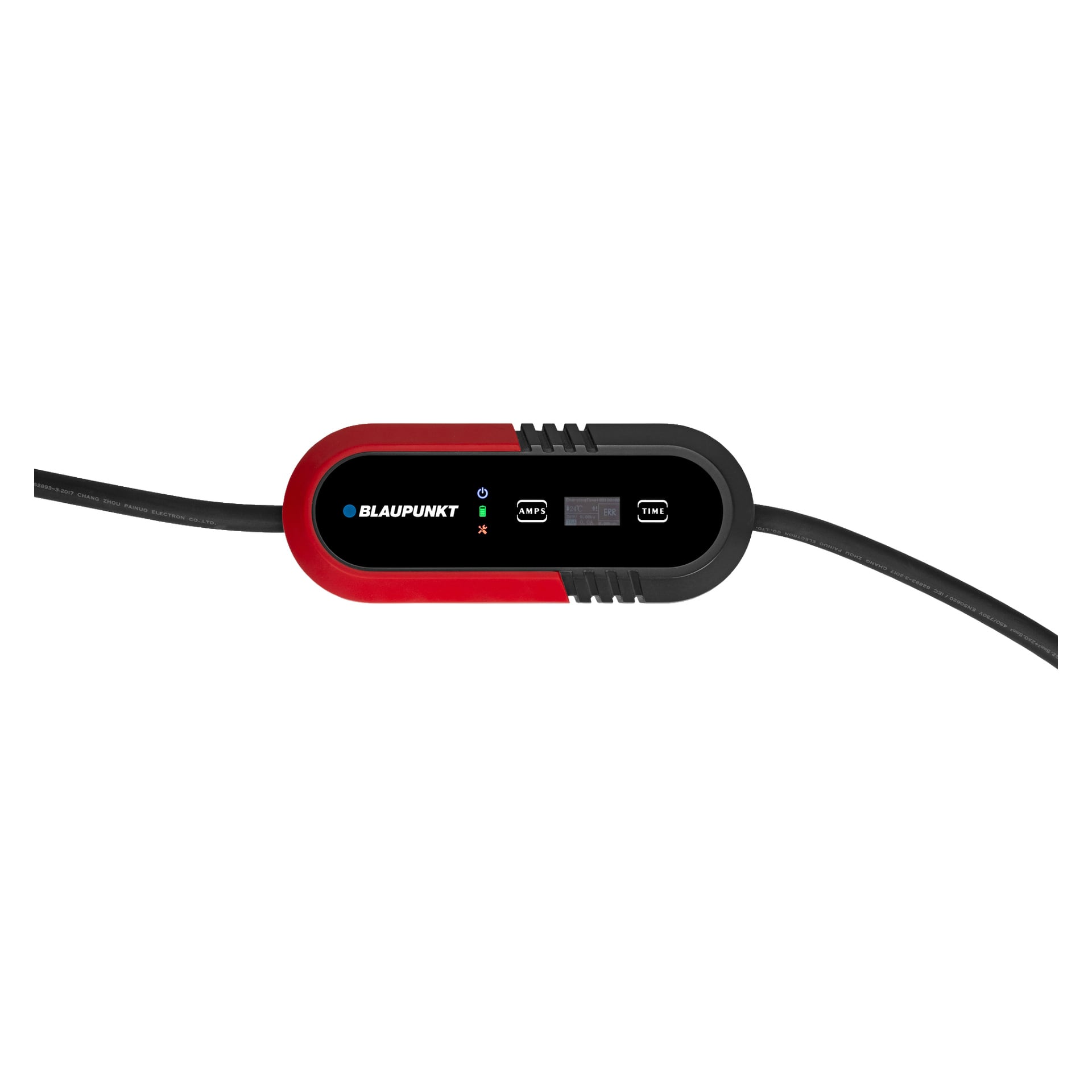 En närbild på en Blaupunkt Portable-laddbox i 3-fas P3PM2T2, med indikatorlampor, en skärm med AMPS- och TIME-avläsningar samt anslutna strömkablar.