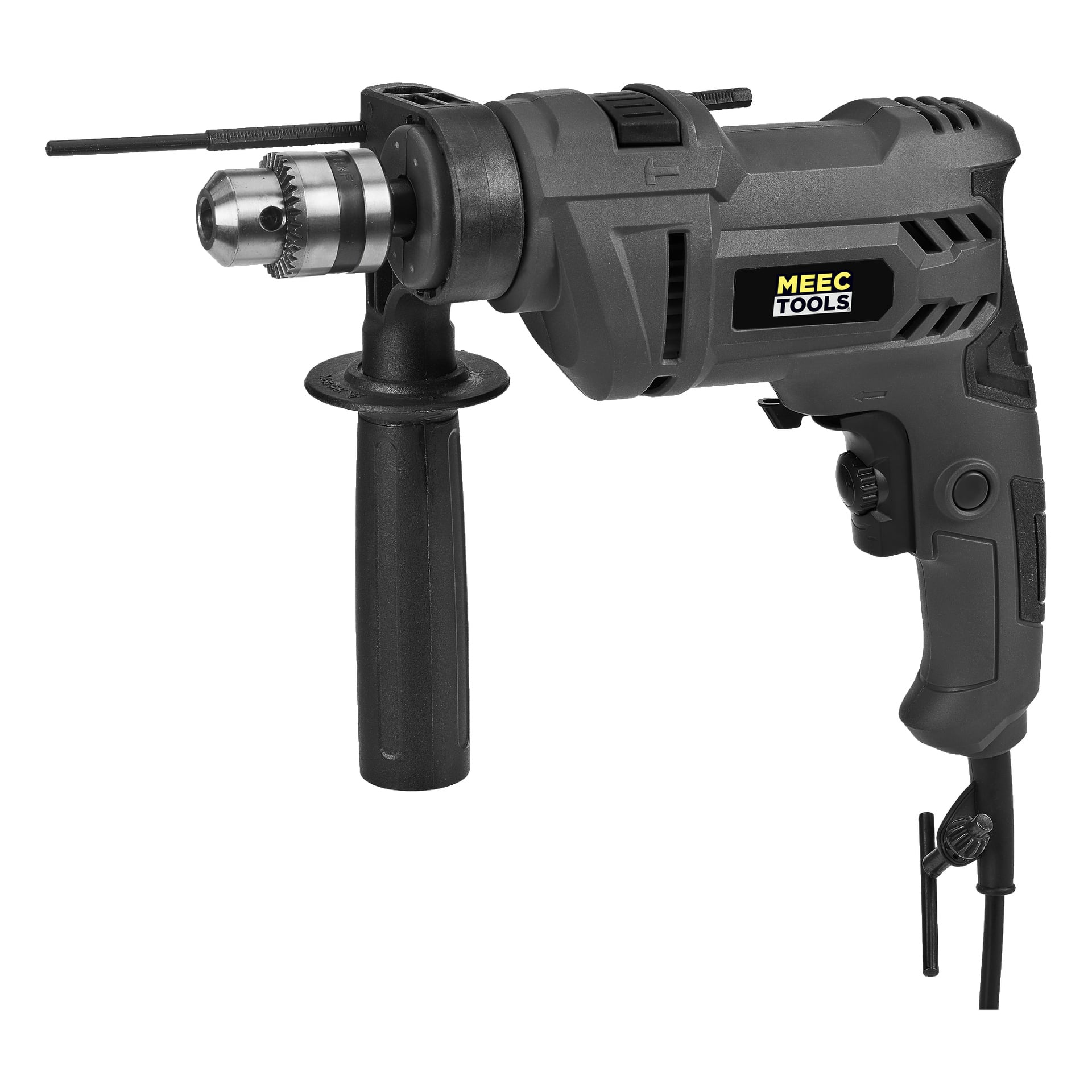 En svart Meec Tools Impact drill, med sidehåndtak, chuck-nøkkel, ulike kontrollbrytere og en elektrisk ledning for håndholdt bruk.