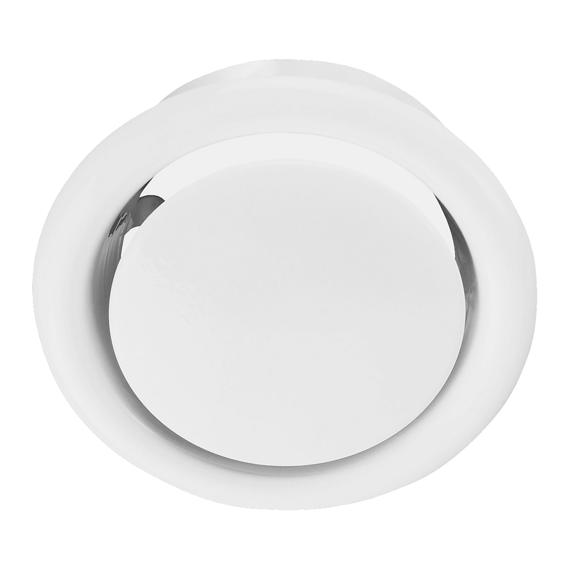 Närbild från ovansidan av Anslut Exhaust luftventil, som visar dess släta, runda vita form med en central cirkulär panel och minimalistisk design.