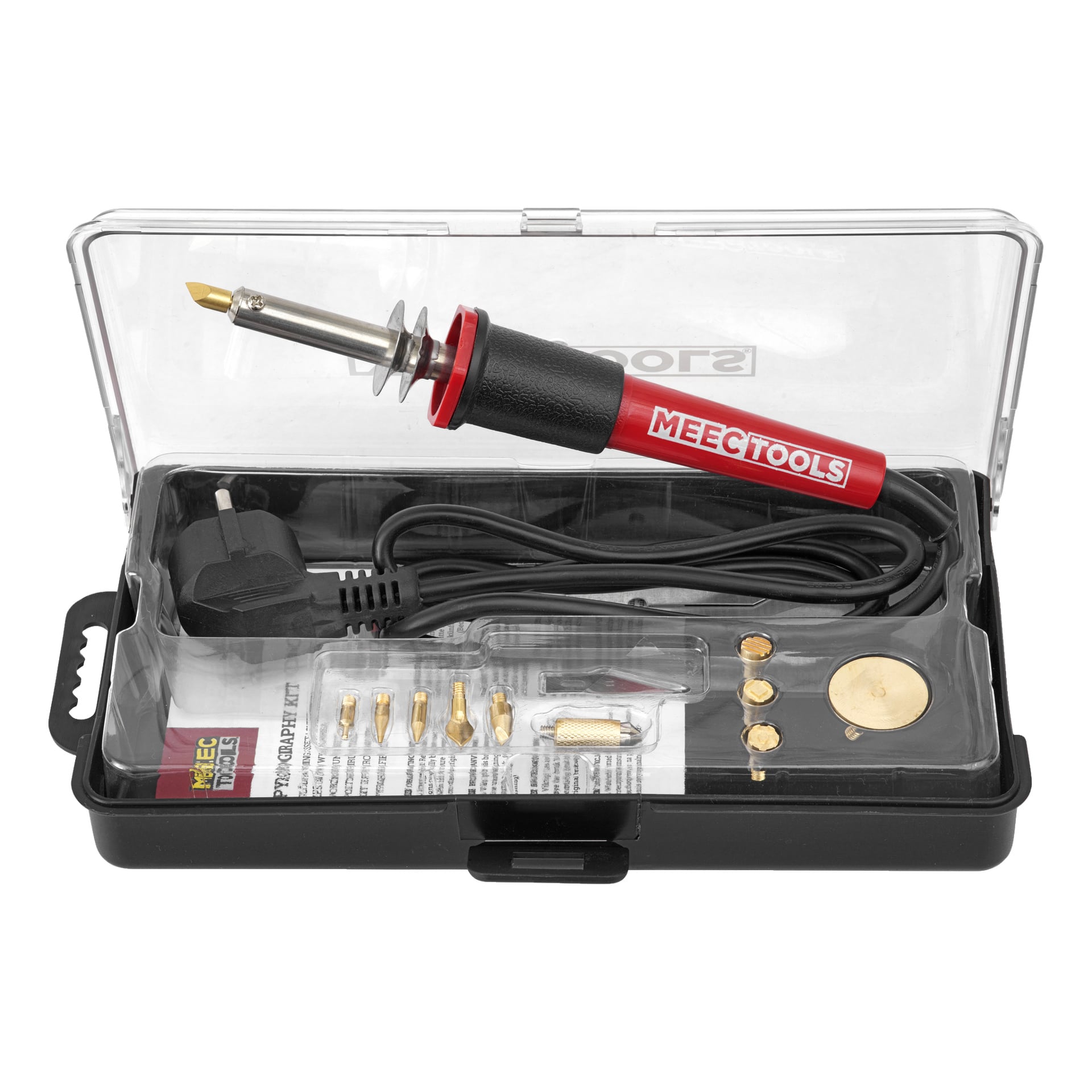 W plastikowym etui znajduje się 13-częściowy zestaw pyrografii Meec Tools, zawierający czerwono-pióro pirograficzne, wiele wymiennych końcówek, kabel zasilający, mosiężną gąbkę do czyszczenia oraz instrukcję obsługi.