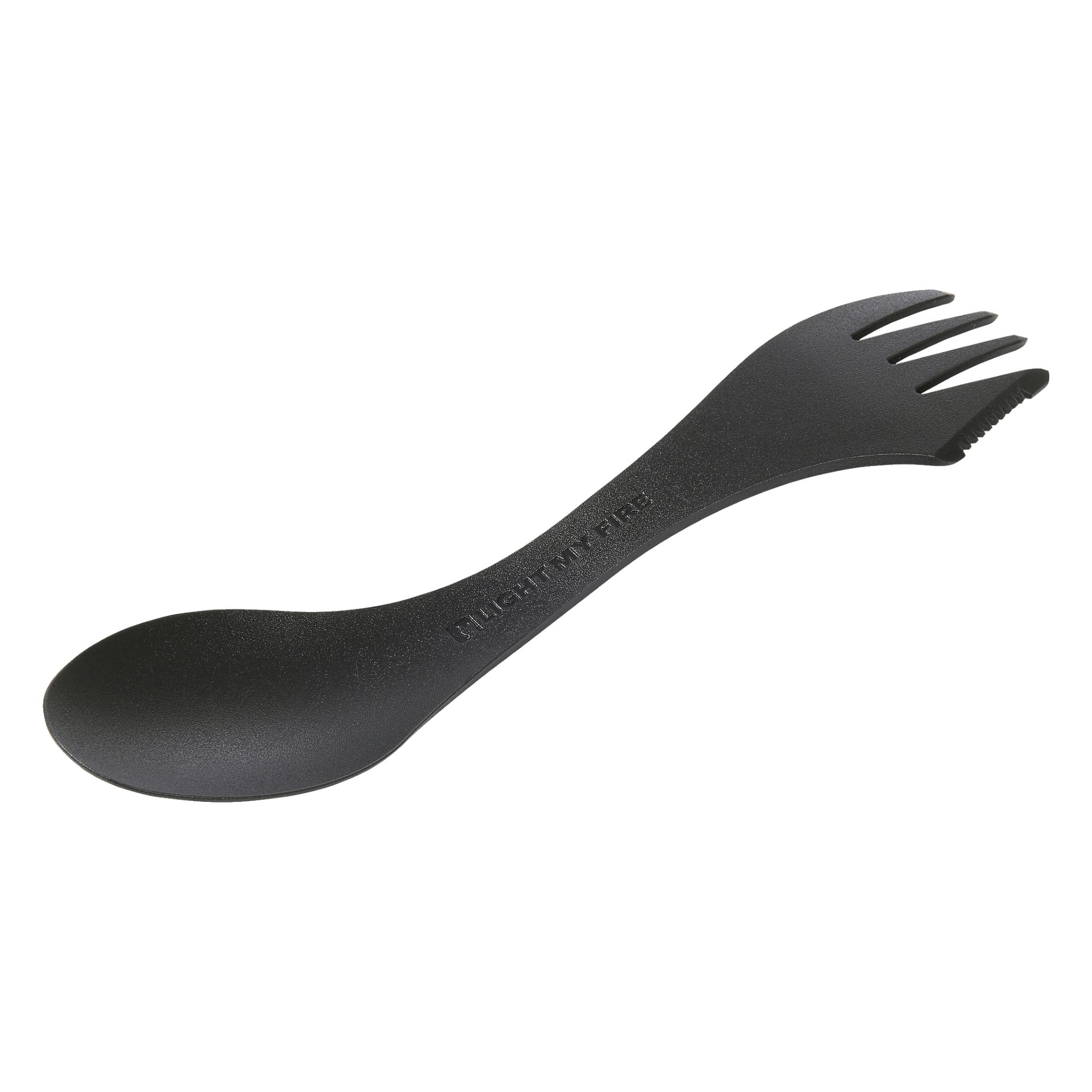 En svart plast Light My Fire-spork kombinerer skje og gaffel i hver sin ende, med merkenavnet preget langs håndtaket.