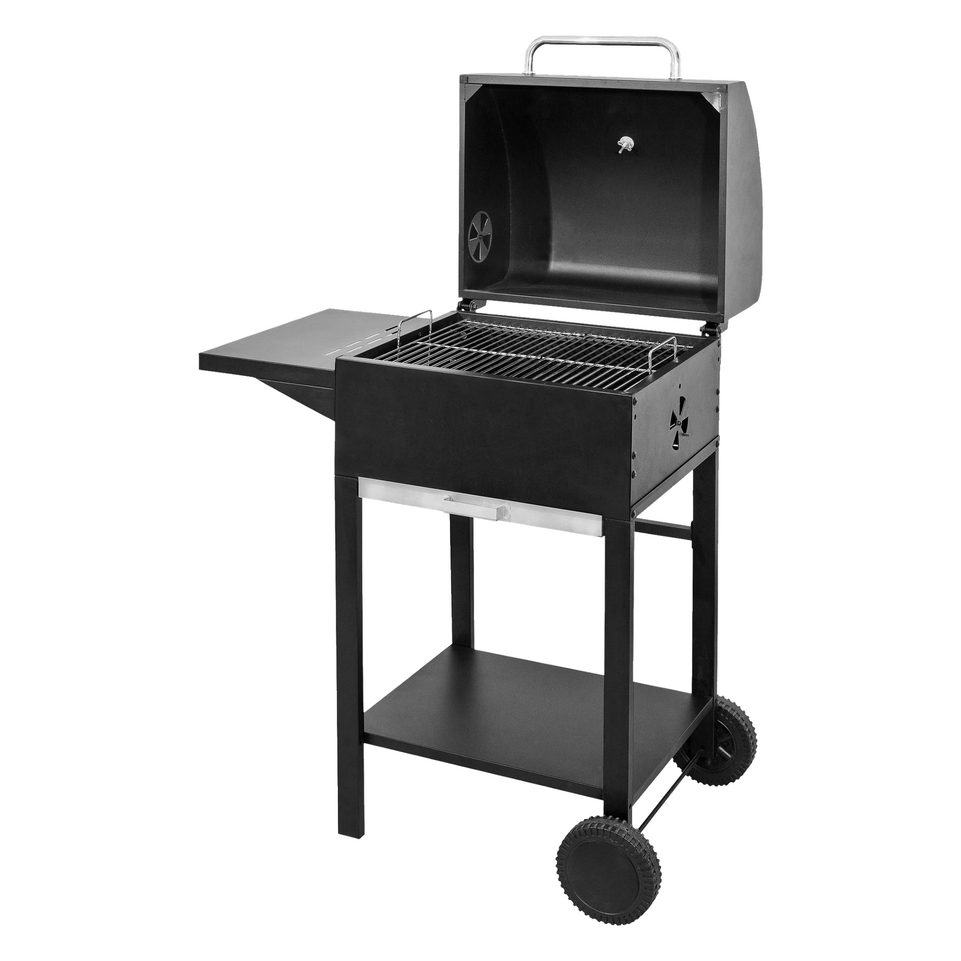 Burns & Barkles Charcoal Grill Coal King 4537 har en modern svart finish med locket öppet, utrustat med en praktisk sidohylla, en förvaringshylla under och två hjul för enkel rörelse. Grillen har en rektangulär tillagningsyta och är utrustad med ventiler på locket och på båda sidor för exakt värmekontroll.