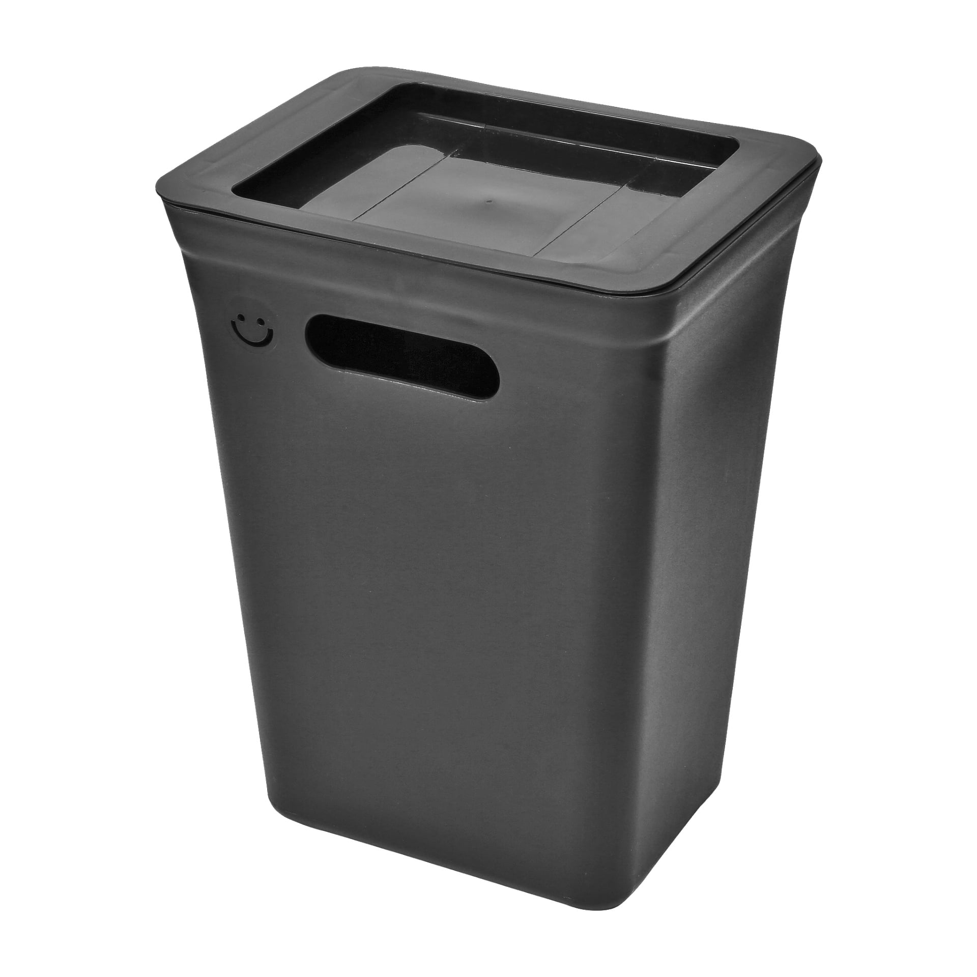 En rektangulär svart återvinningsbehållare gjord av plast från Hard Head, med ett platt lock och ett ovalt handtag. Det finns en liten smiley-design i det övre vänstra hörnet av lådan.
