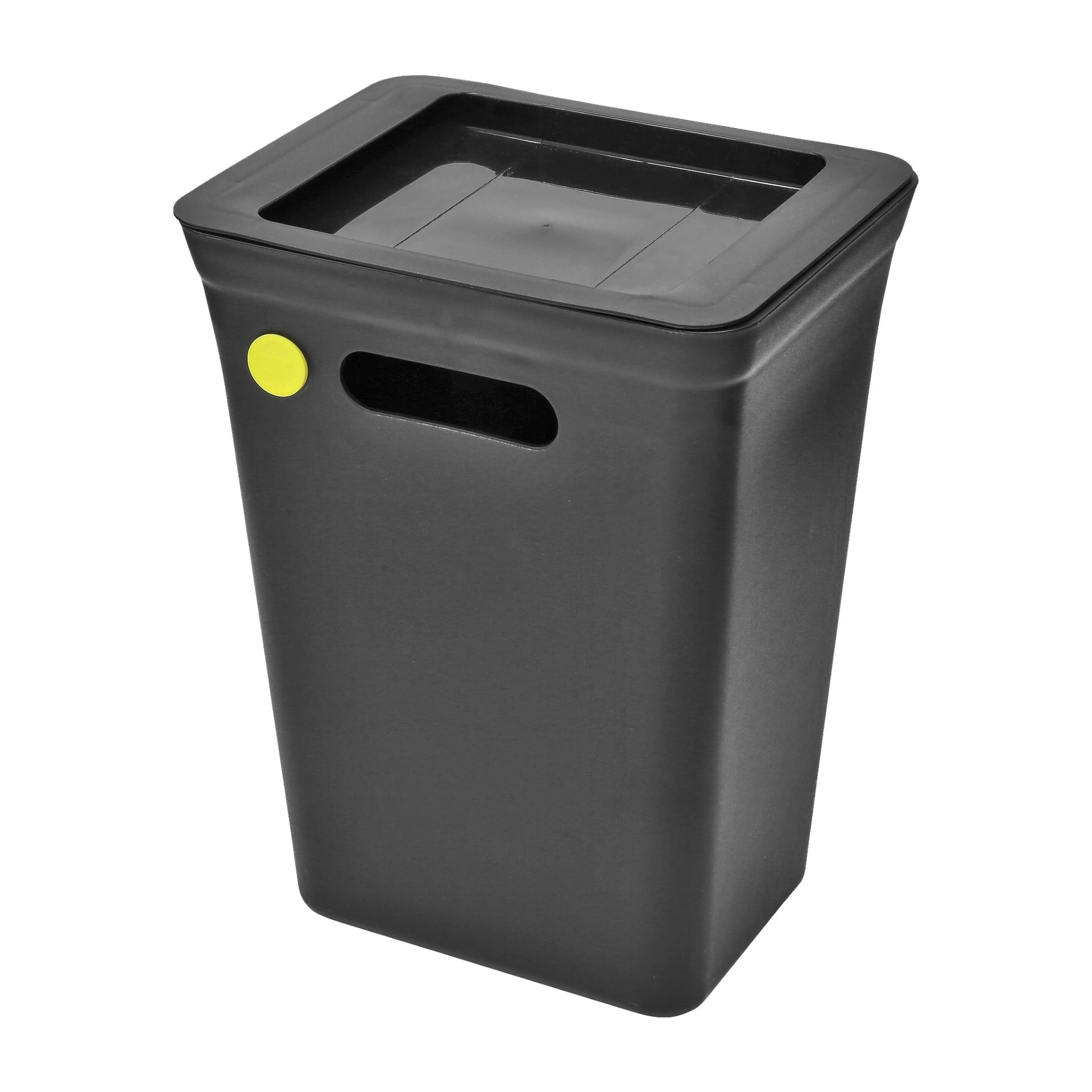 En hög, rektangulär svart plaståtervinningsbehållare från Hard Head med ett platt lock, ett handtagsutskärning på ena sidan och en liten gul rund knapp bredvid handtaget.