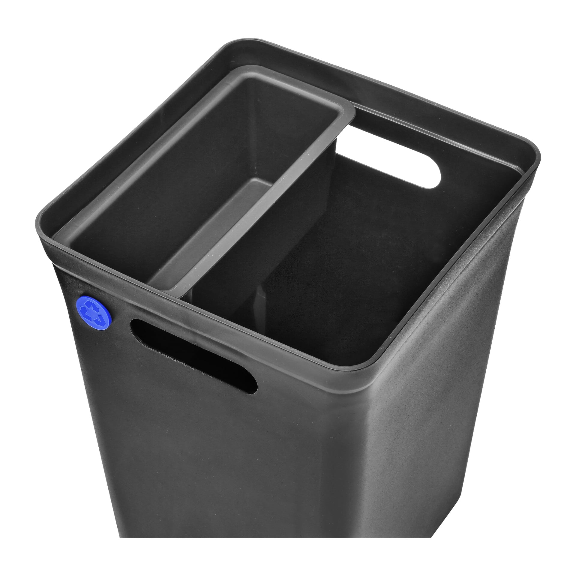Hard Head Recycling-behållaren är en svart, rektangulär behållare med två separata fack och integrerade handtag. En blå återvinningssymbol visas nära toppen.