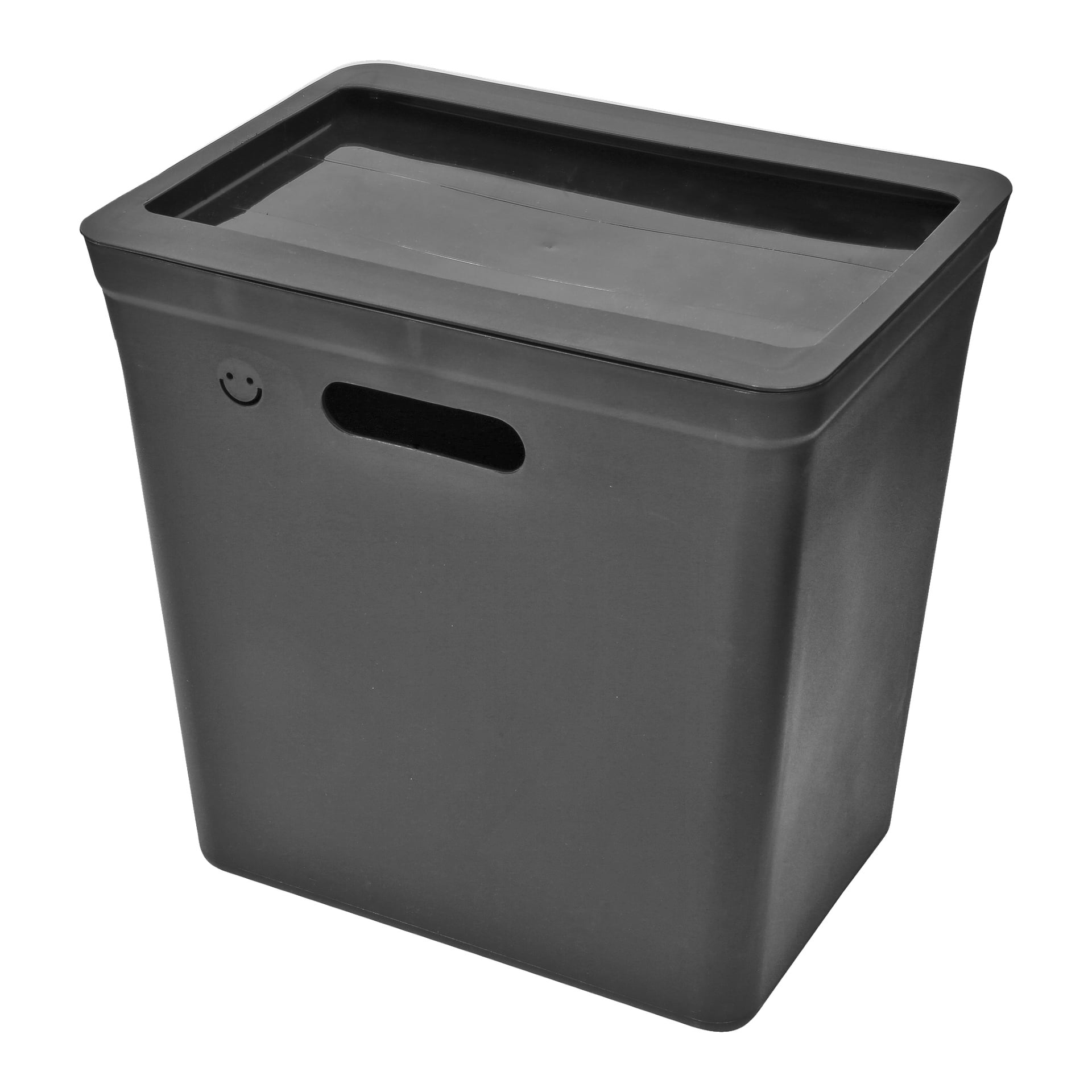 Hard Head Recycling Container är en svart, rektangulär behållare av plast, utrustad med ett säkert lock och en integrerad handtagsspalt på ena sidan. Nära handtaget finns ett litet präglat smiley-ansikte.