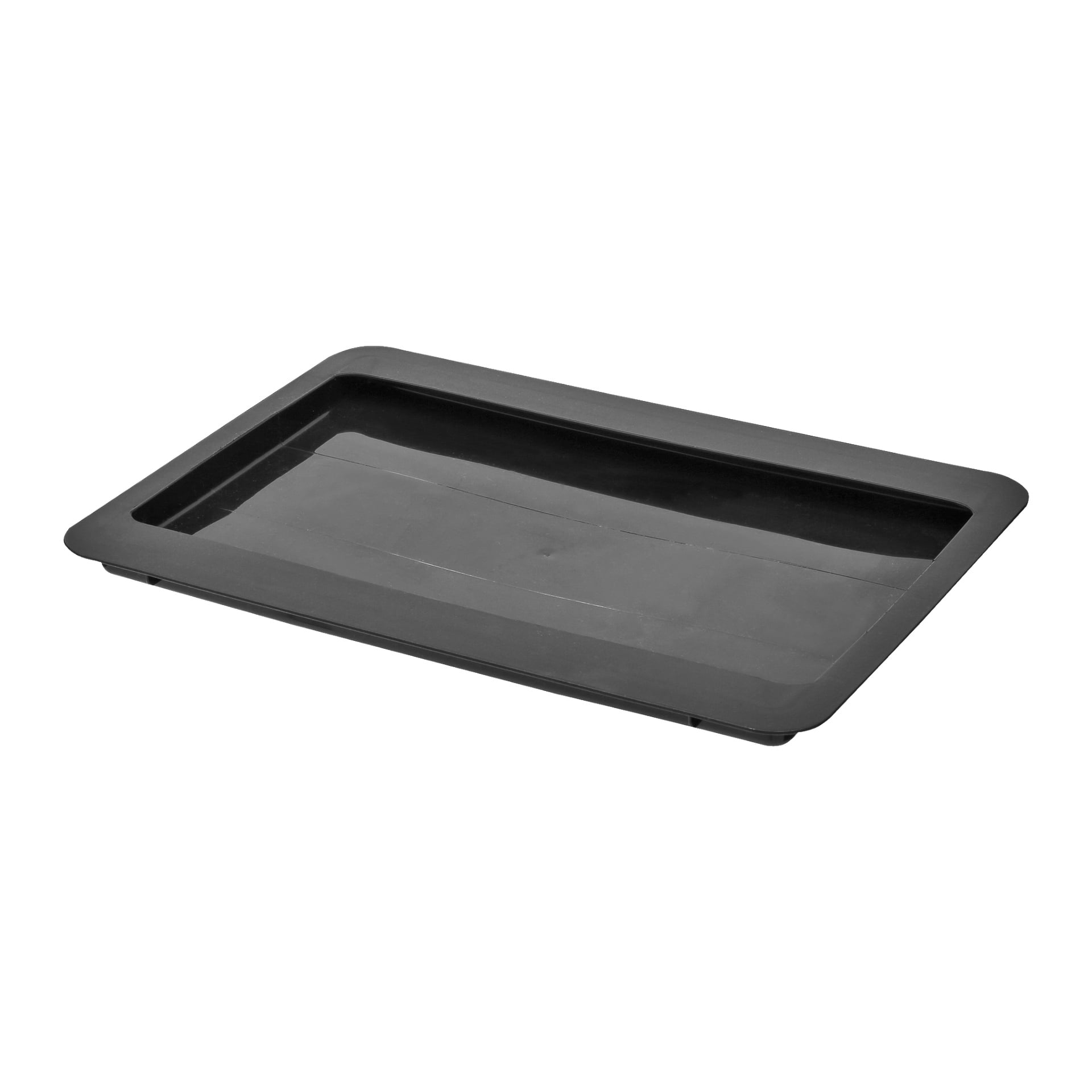 En svart Hard Head återvinningsbehållare med rektangulär form och upphöjda kanter ses i vinkel. Den har en slät, minimalistisk design, står på en plan botten och ser tom ut.