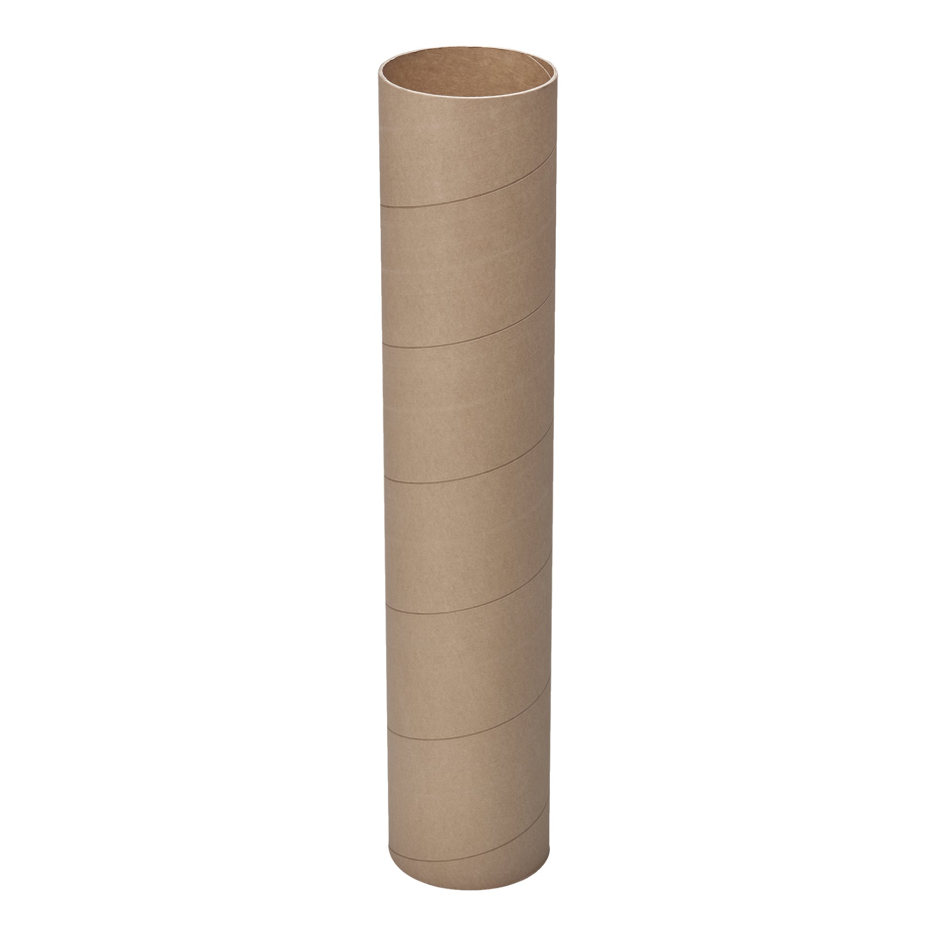 Ett hårdt fogrör med en hög, cylindrisk form av kartong, med en slät brun utsida och subtila spiralskarvar. Både den övre och nedre änden av röret är öppna.
