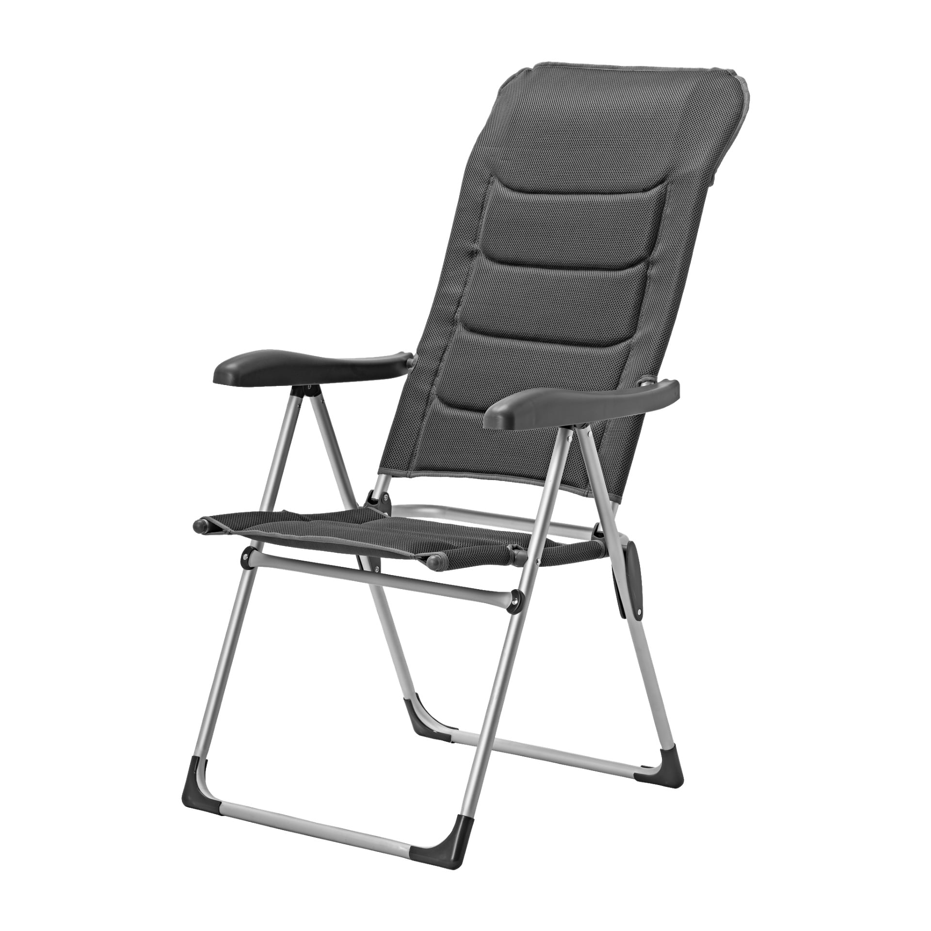 Kayoba campingstolen är en svart hopfällbar solstol med metallben och armstöd, designad med ett lätt tillbakalutt och vadderat ryggstöd för extra komfort.